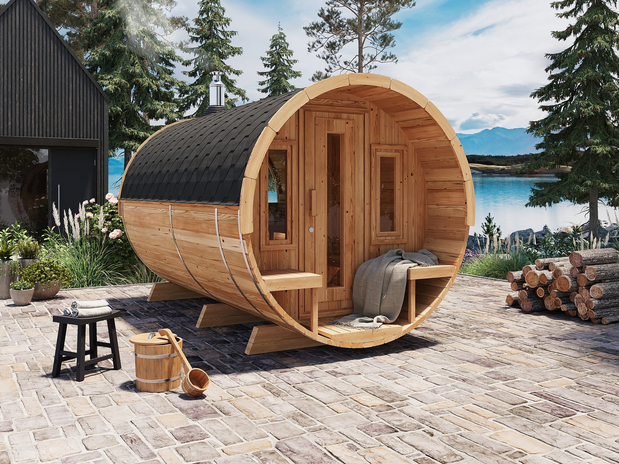Product visualisation of the Barrel 400 Deluxe wooden barrel sauna with a wood-burning stove in a natural waterfront setting