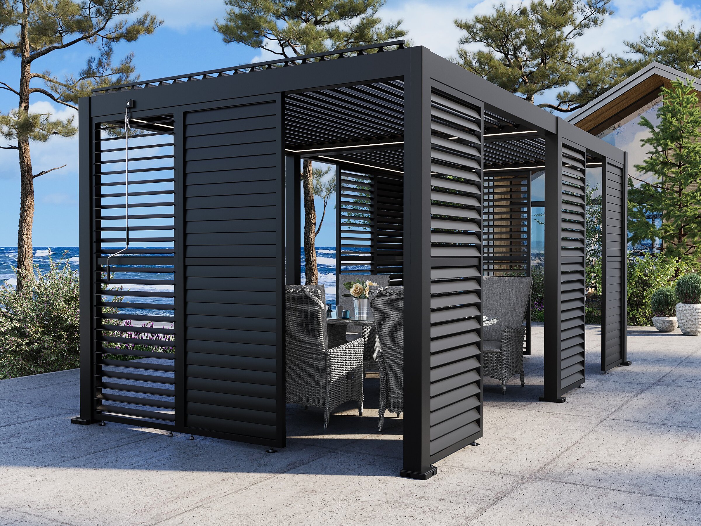 Product visualisation of an anthracite 3x6 pergola with louvred shutter walls and doors in a waterfront terrace arrangement