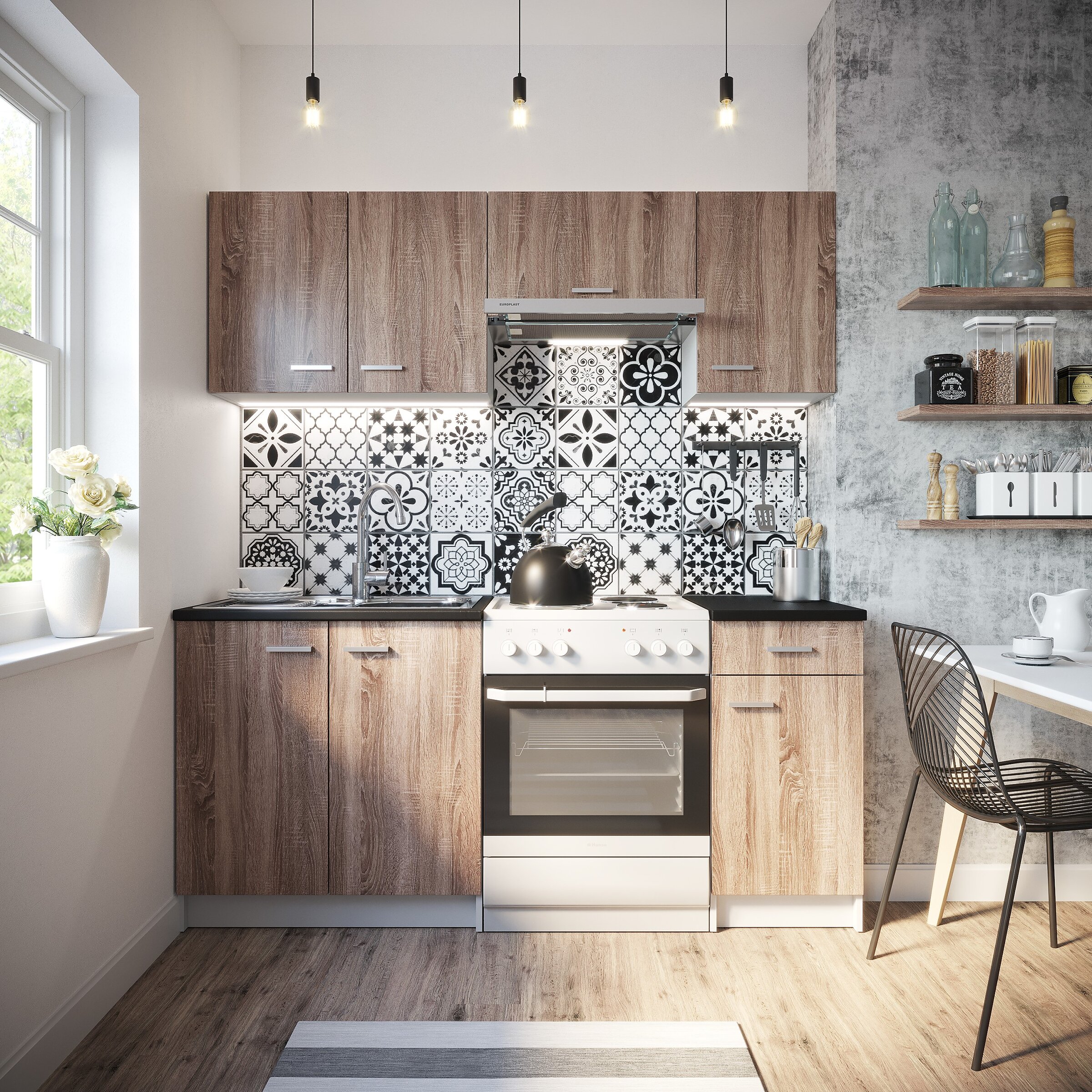 Visualisation of a kitchen with wood-finish cabinets and black and white patchwork tiles