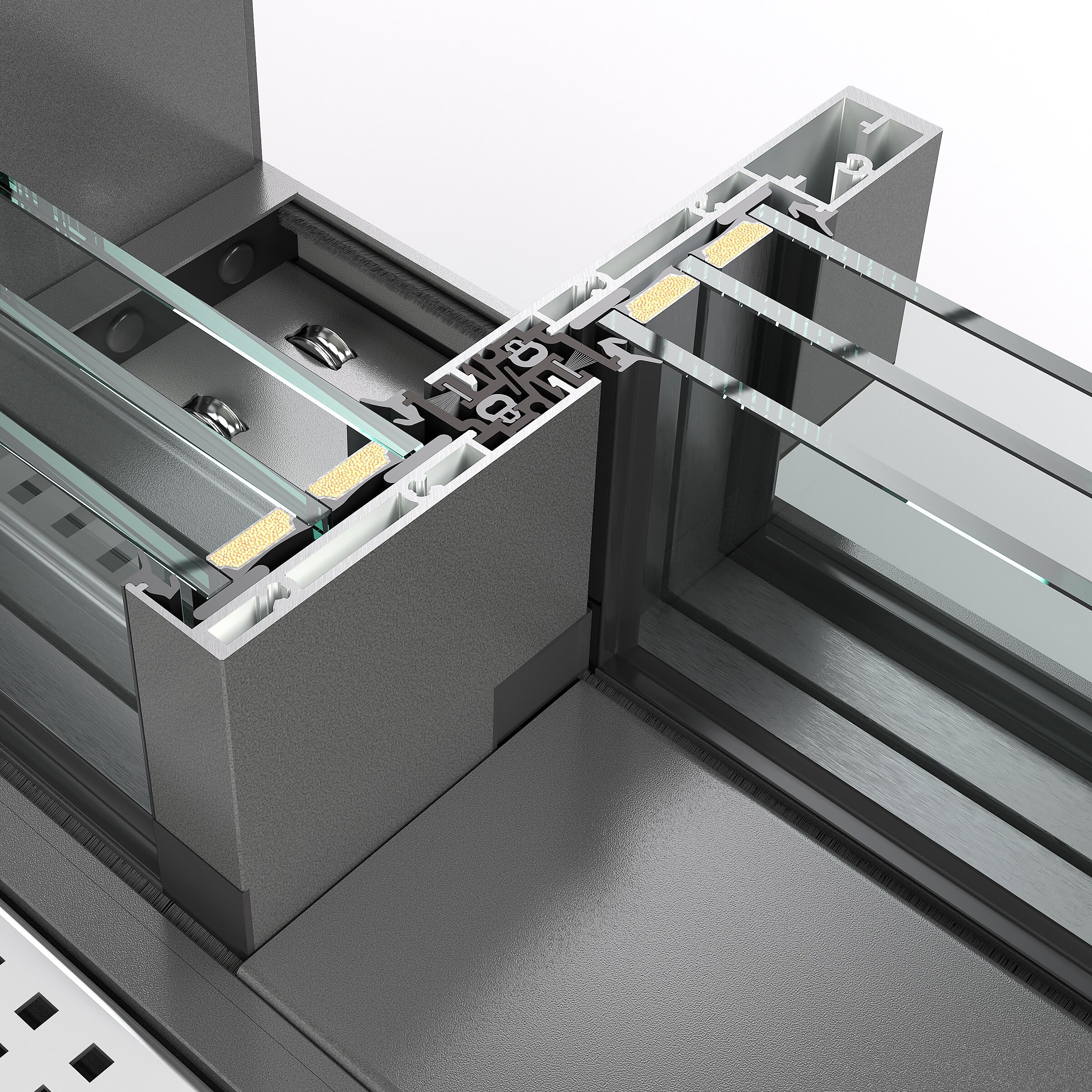 3D technical cross-section: dark aluminium profiles, thermal breaks, glazing unit, and drainage element