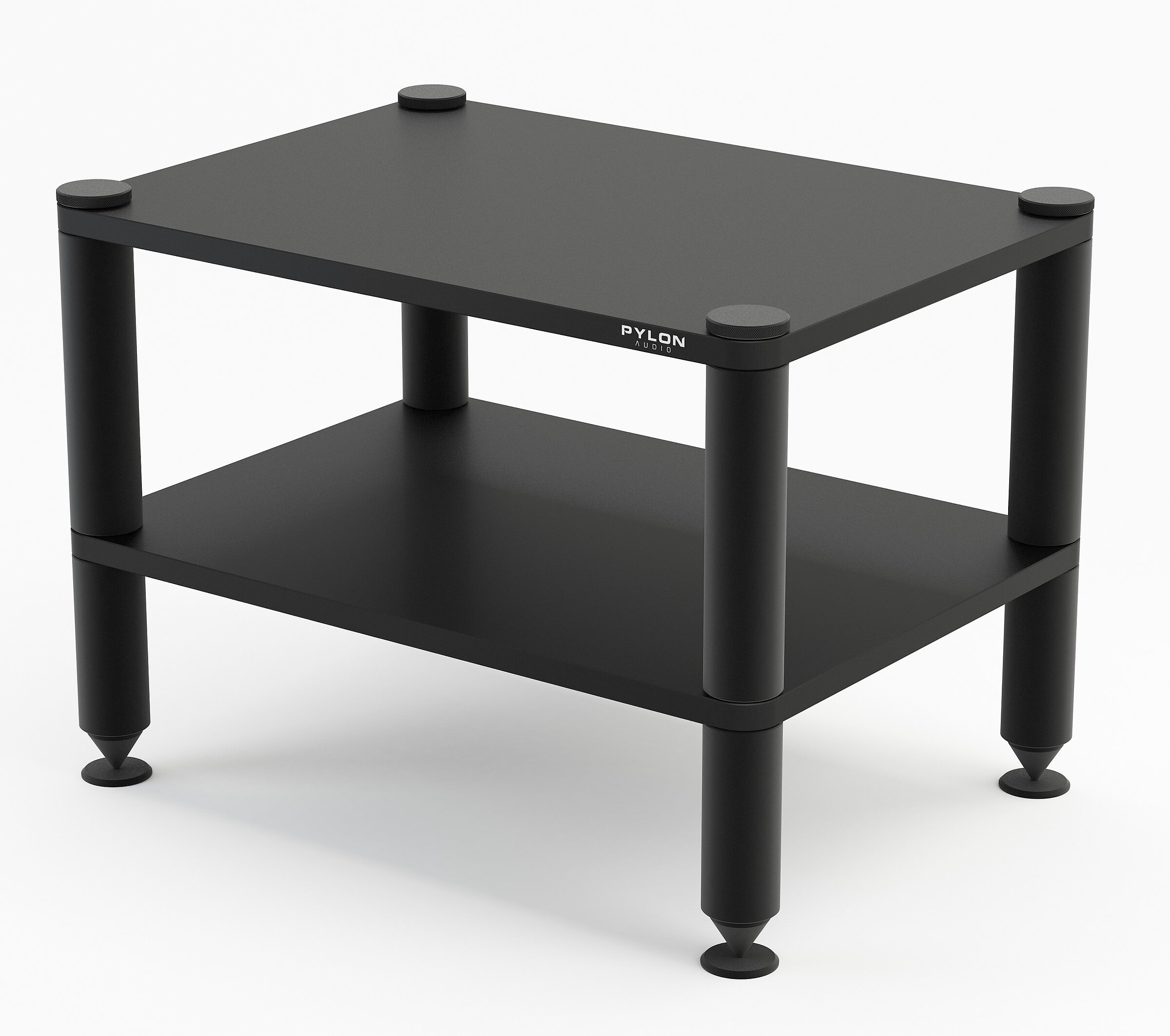 Computer visualisation of a matte black PYLON AUDIO two-tier audio rack on a white background