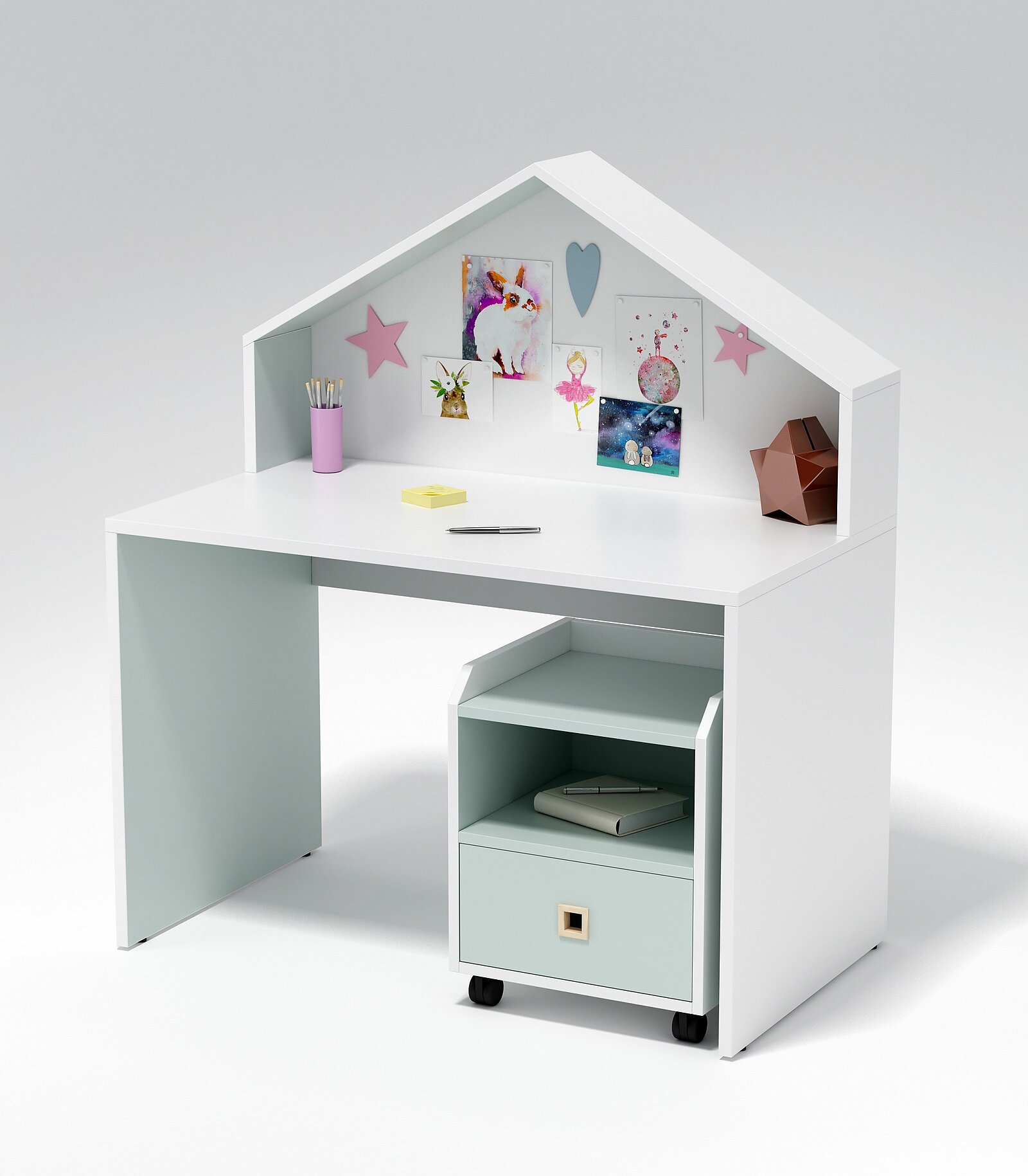 Digital product render of a white children's house-shaped desk with a mobile cabinet on a white background