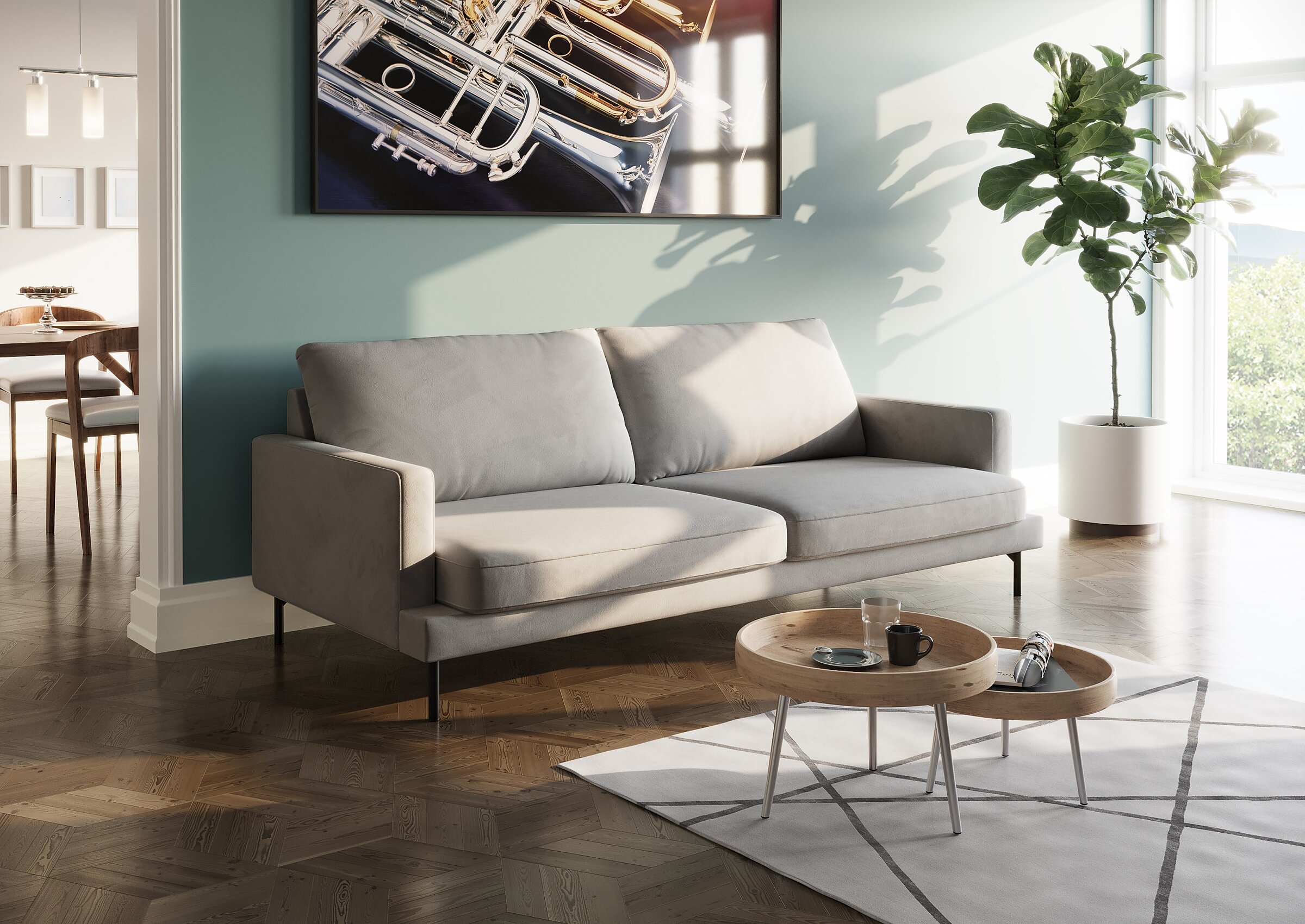 Product visualisation of the beige Najs 2XL sofa in a modern style living room with a green accent wall and herringbone wood flooring