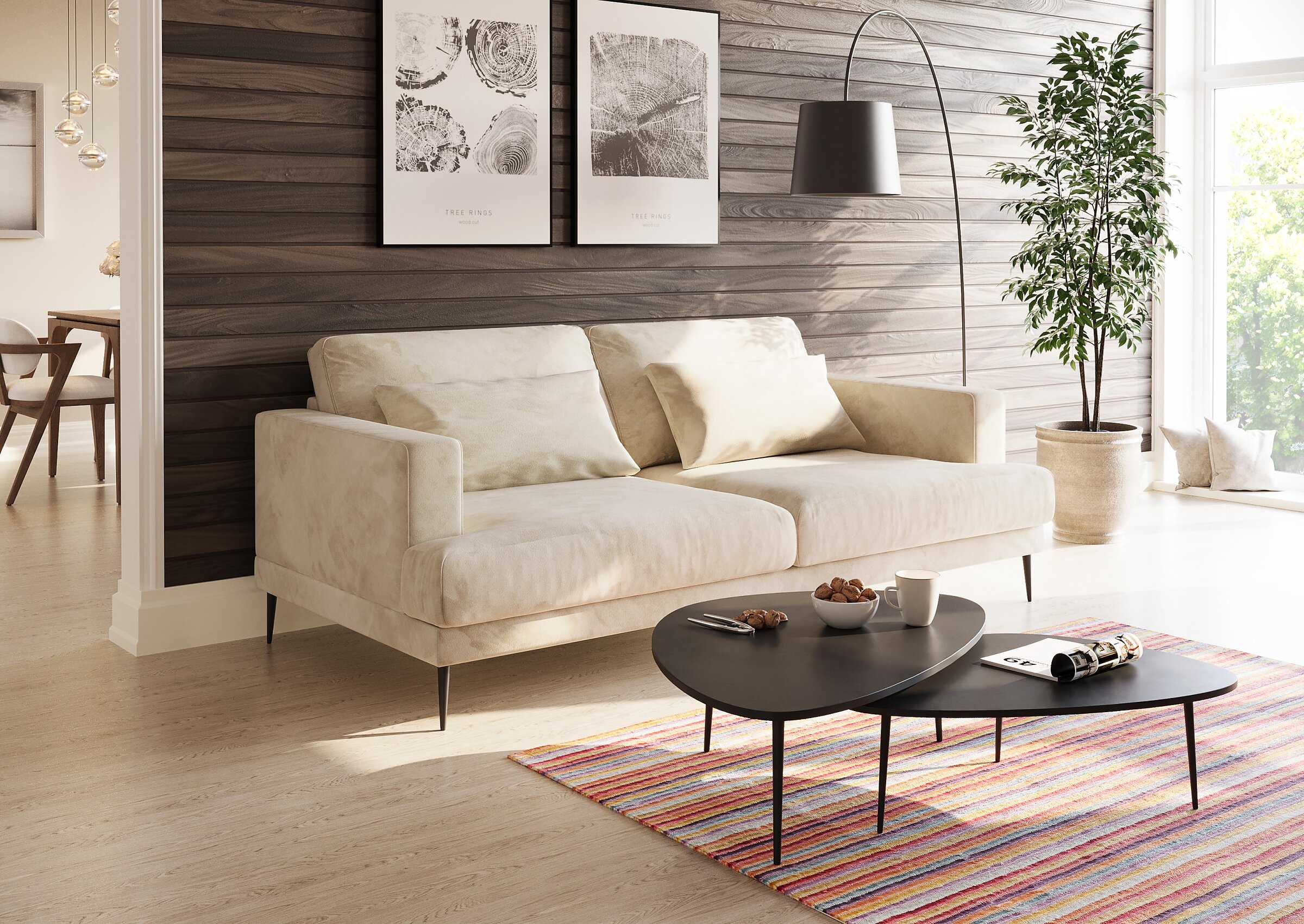 3D product render of an ecru corner sofa in a Scandinavian-style interior