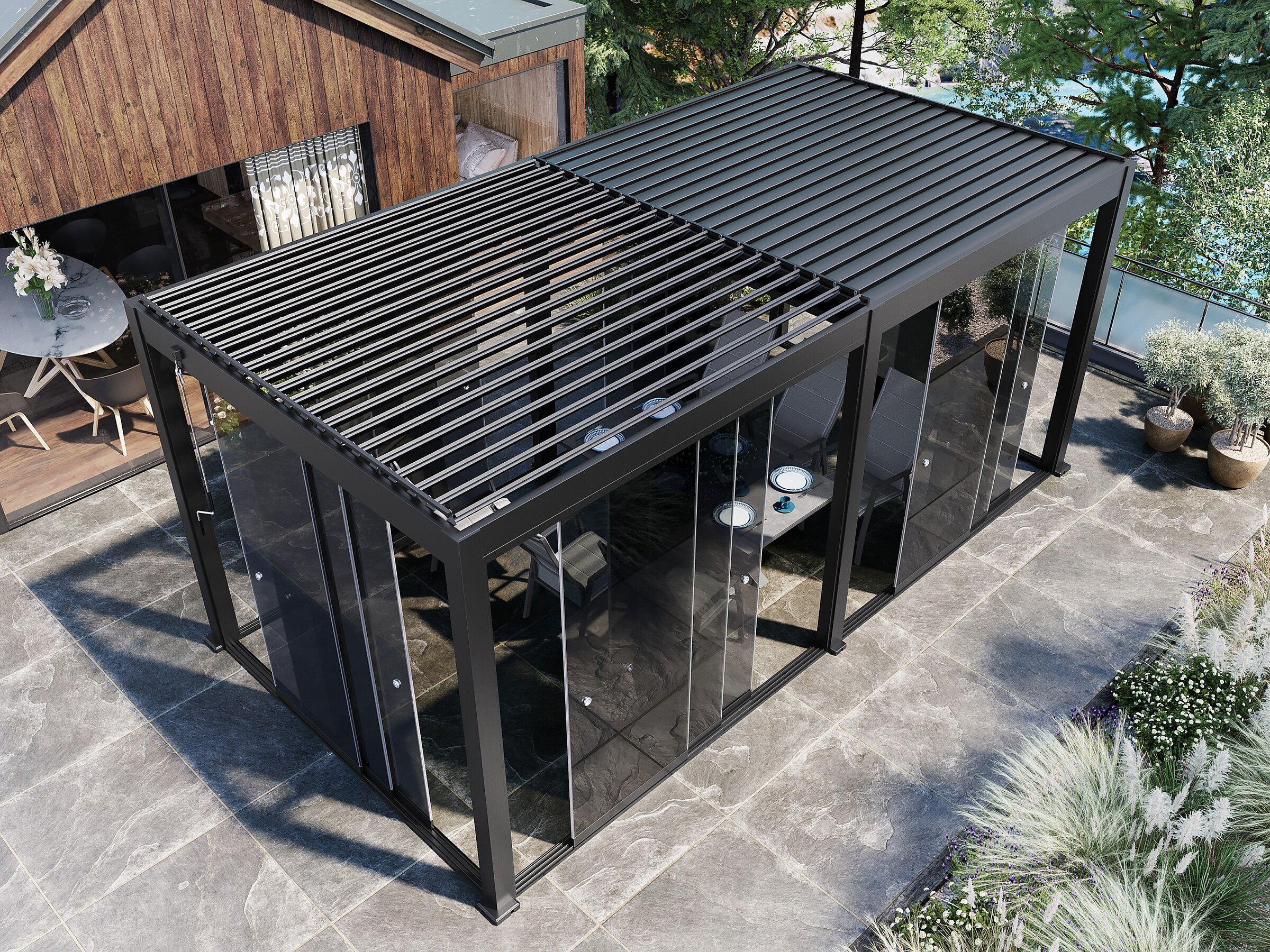 Product visualisation of an anthracite 3x6 pergola with sliding frameless glass doors in a terrace arrangement