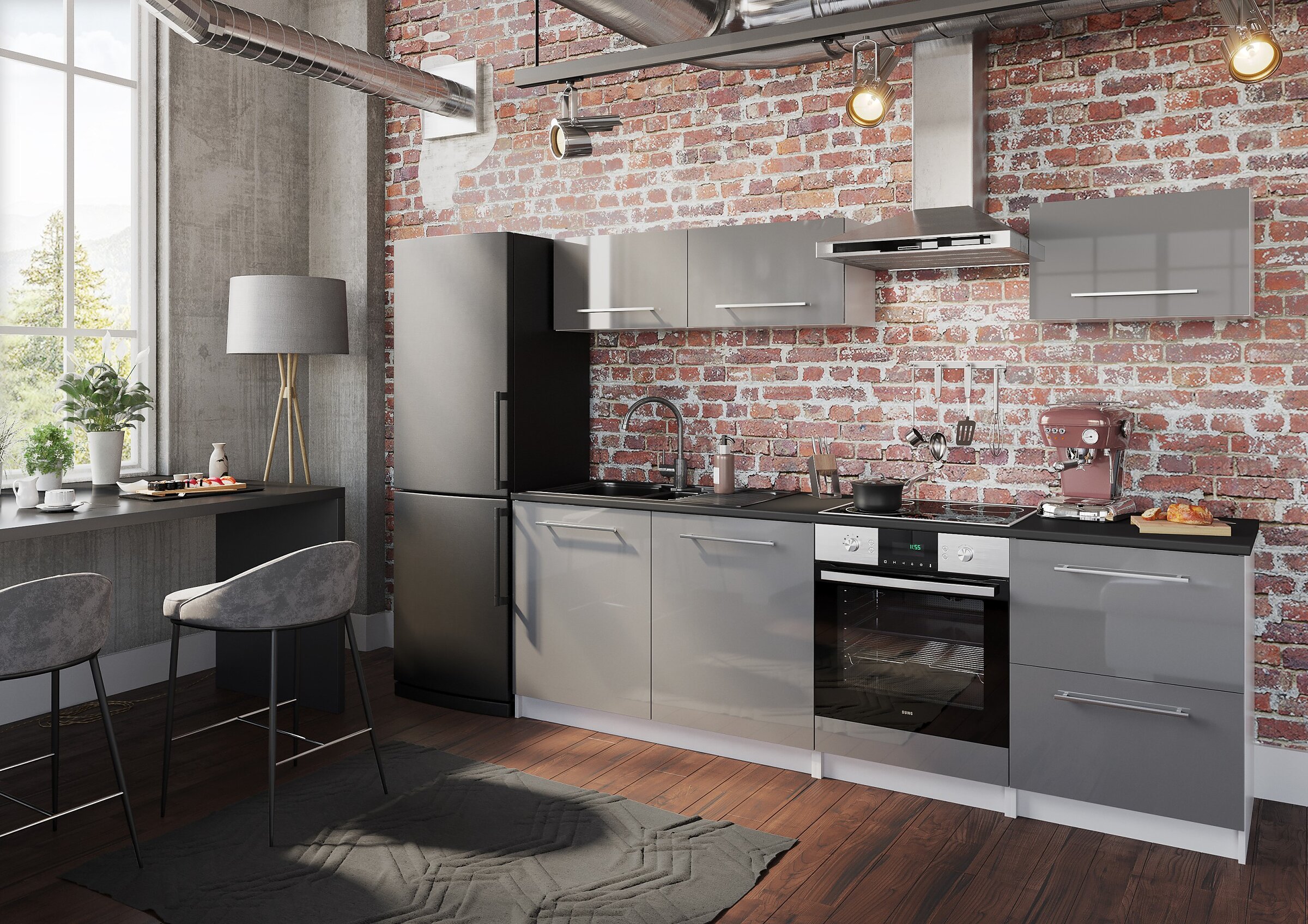 Render of an industrial kitchen with glossy grey cabinets, a red brick wall, and a black fridge
