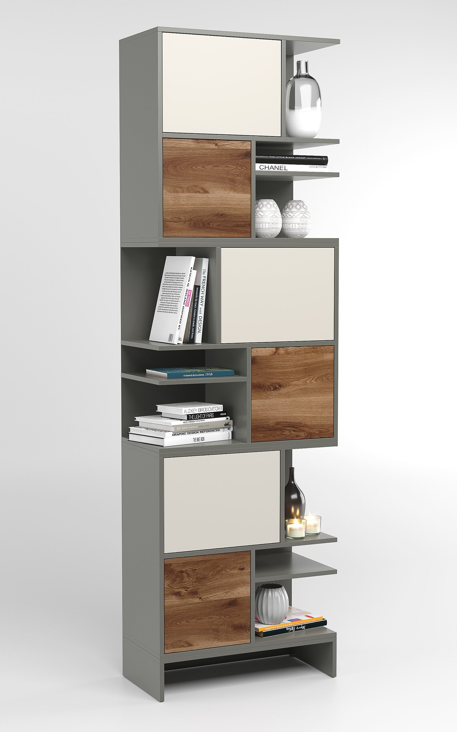 3D product render of a narrow closed bookcase column in grey finish with wood and light fronts on a white background