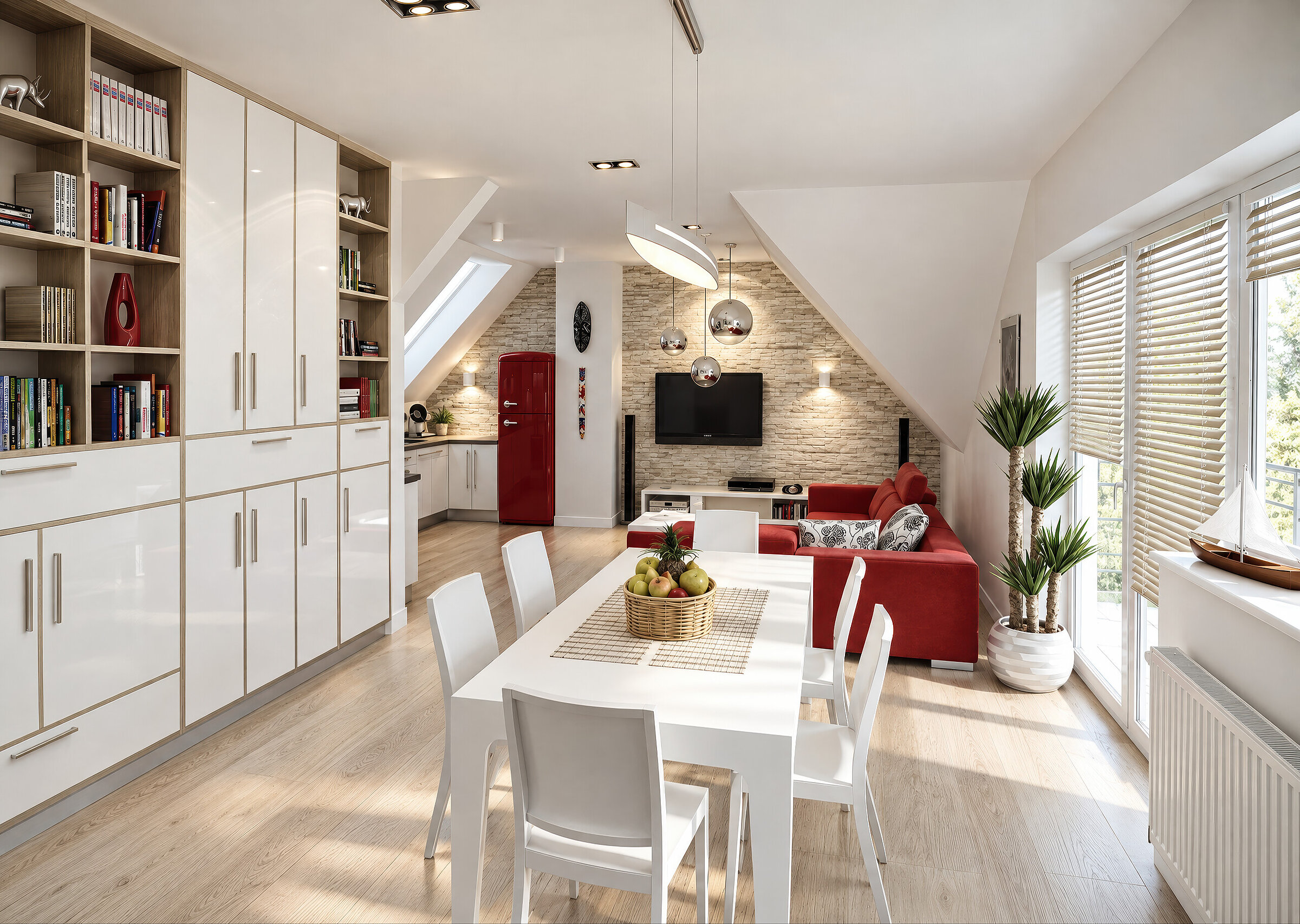 Digital interior render of a modern open-plan living and dining space featuring a large white shelving unit and a red sofa
