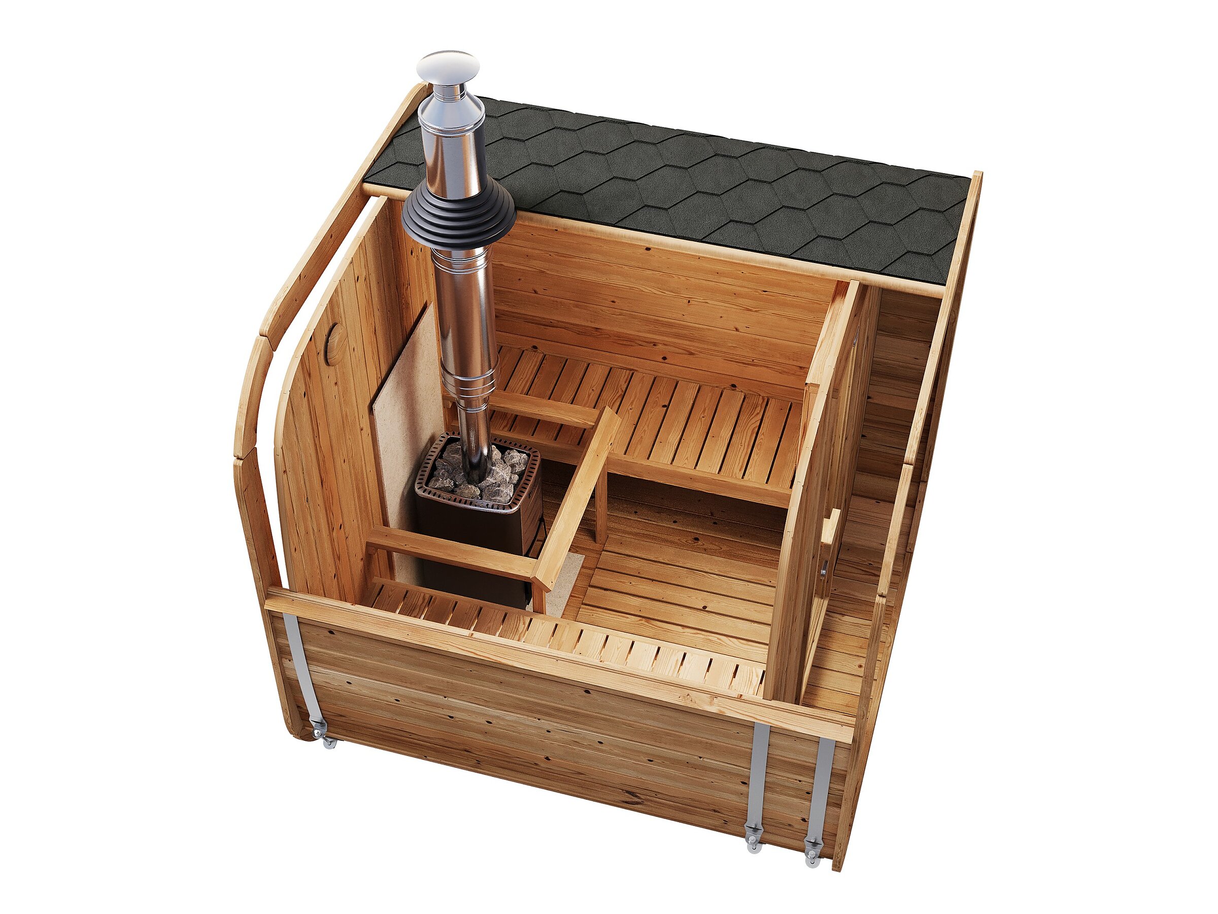 Product visualisation showing an isometric cutaway of the Loen wooden sauna with an interior stove, chimney, and benches