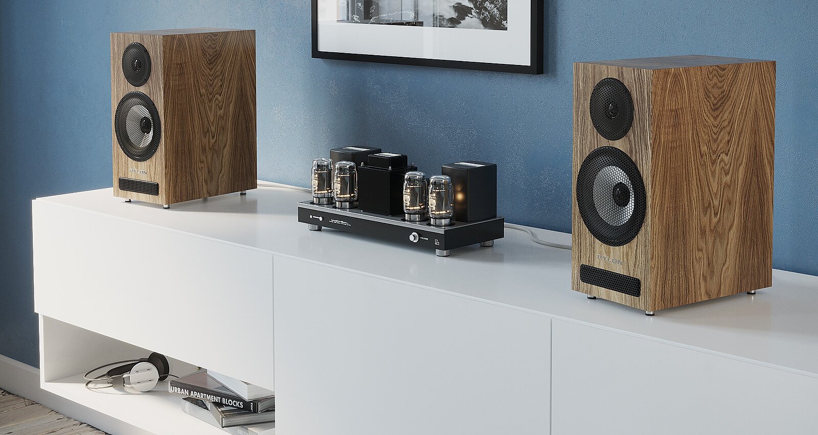 Product render of Ruby 30 monitor speakers in an interior arrangement