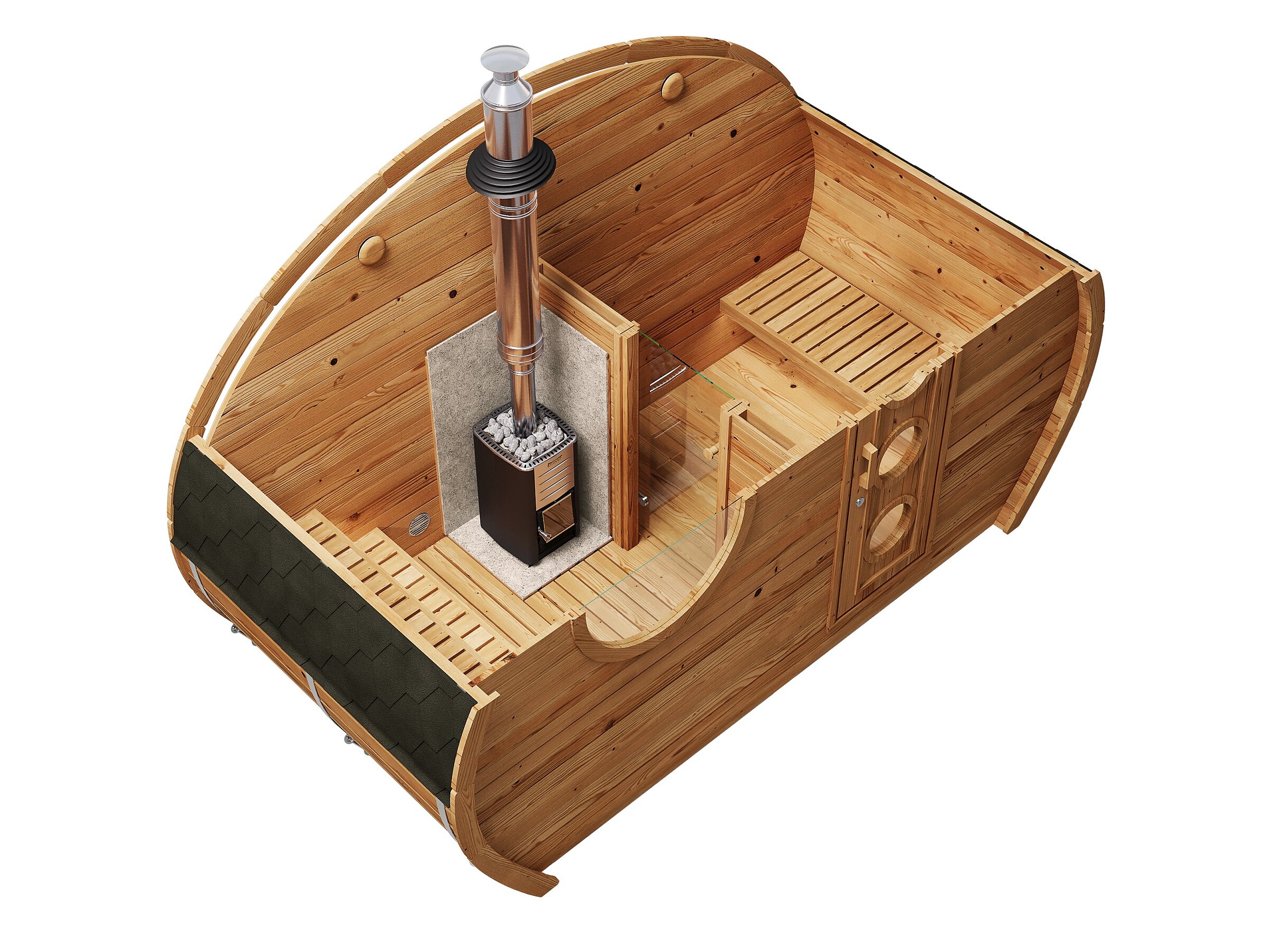 Product visualisation showing an isometric cutaway of the Frodo 4x1.95 wooden sauna with an interior stove, chimney, and benches