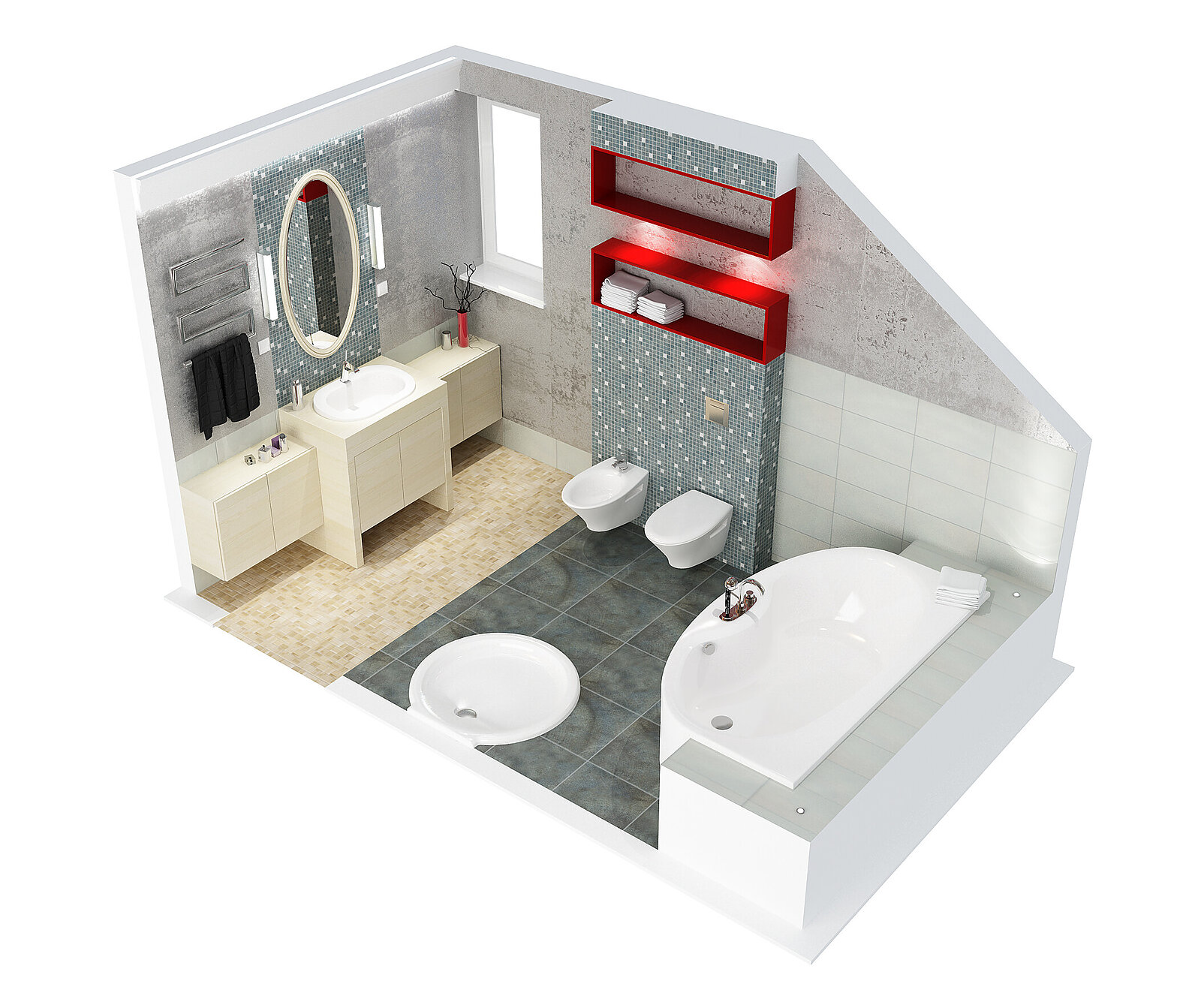 Digital 3D isometric cross-section depicting the layout and furnishings of a modern bathroom with a bathtub and fixtures