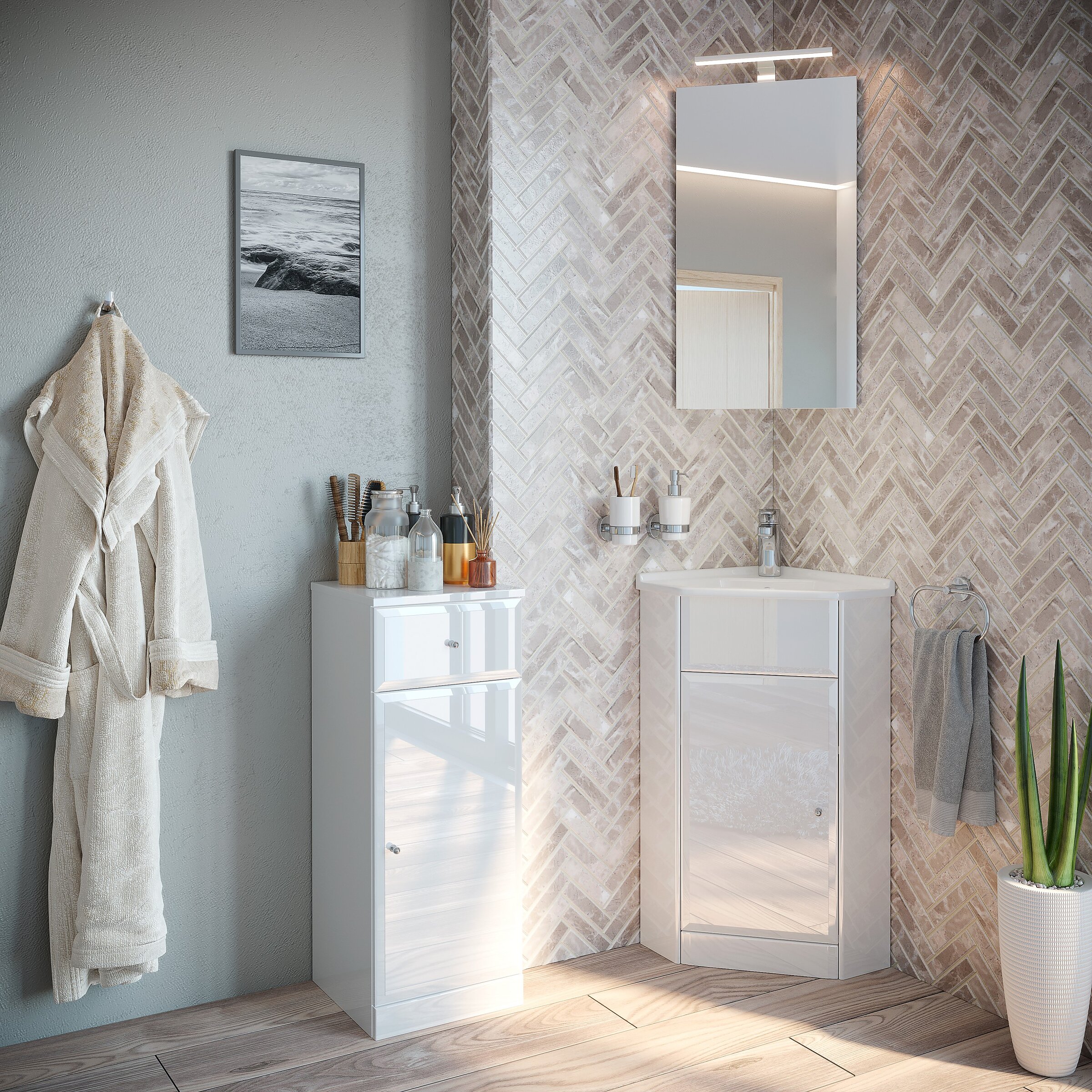 Bathroom arrangement with white gloss corner furniture and herringbone tiles