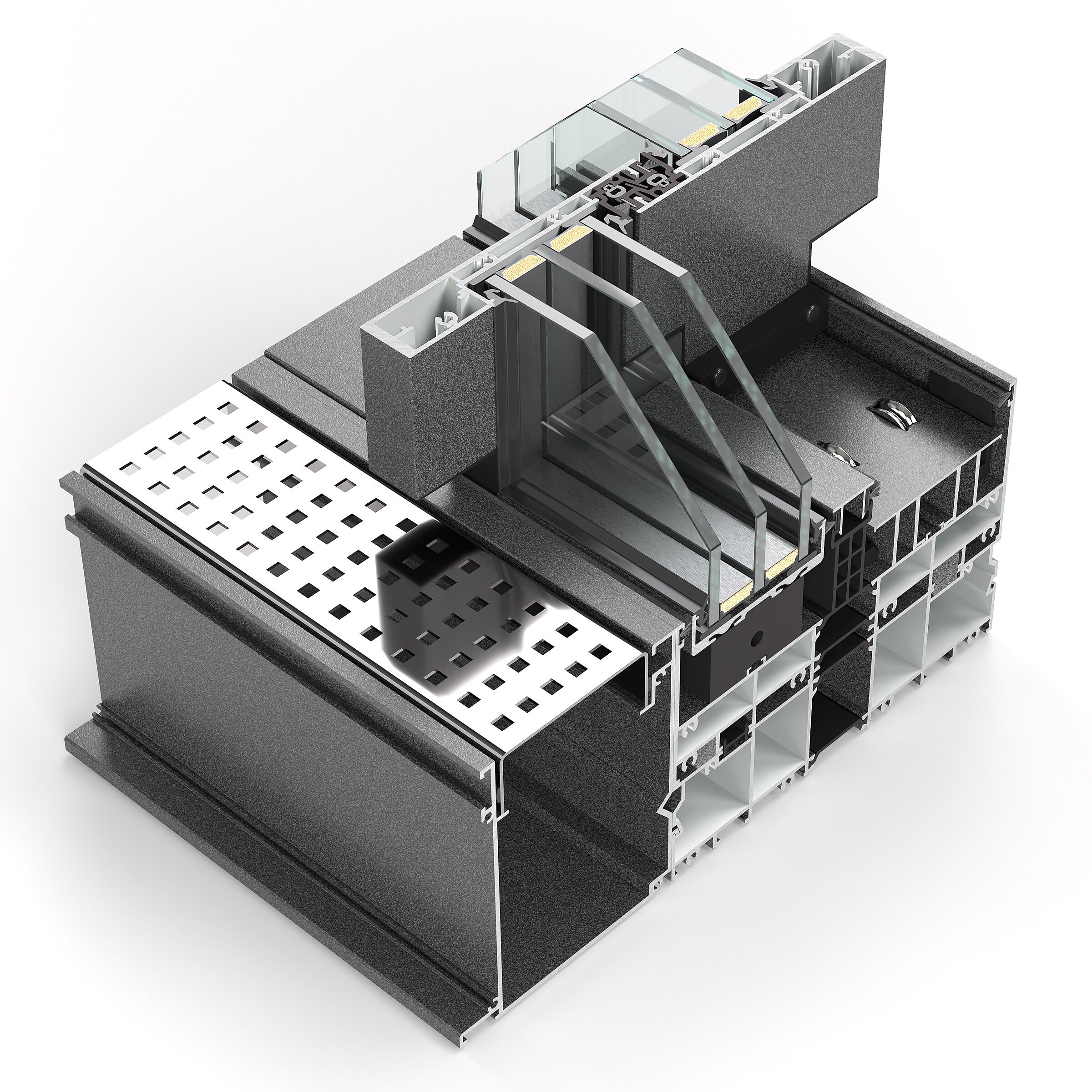 Product visualisation on a white background showing a technical cross-section of a sliding door system profile