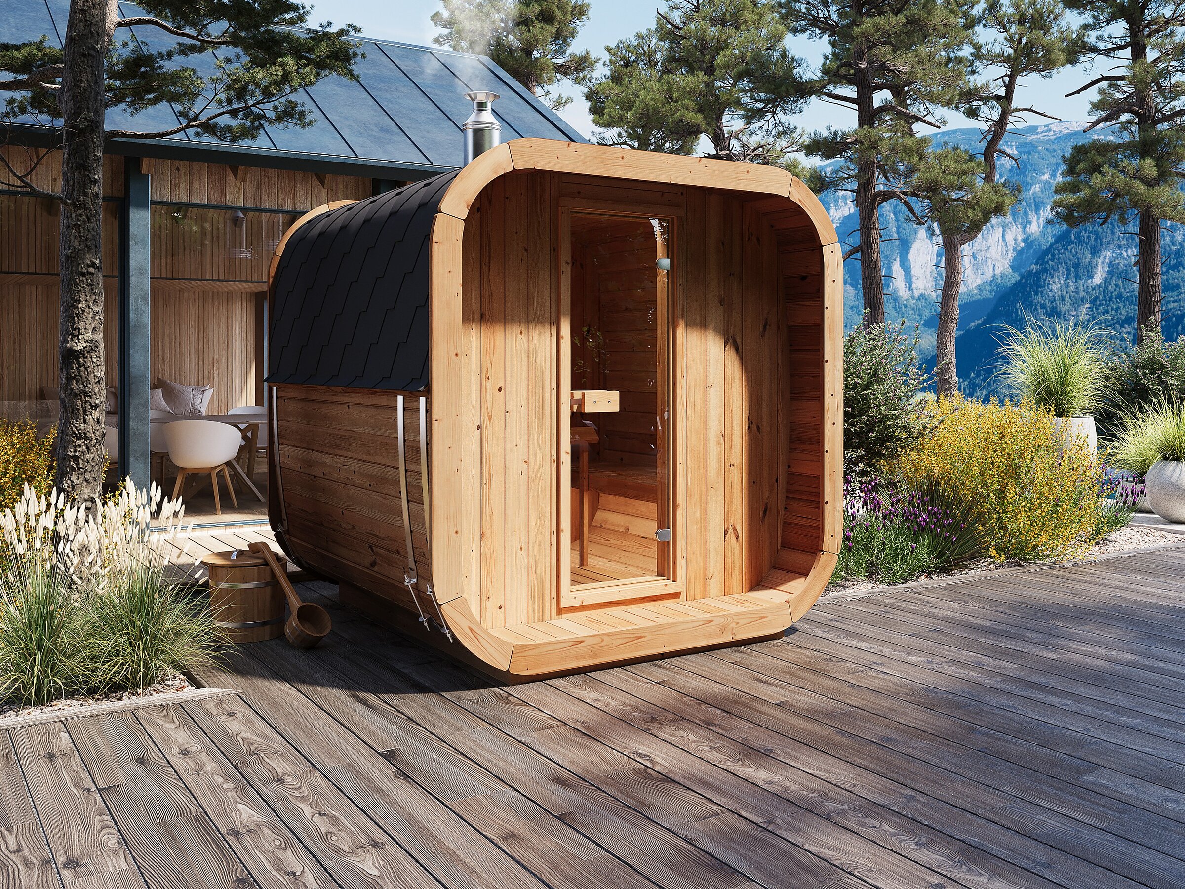 Product visualisation of the Loen outdoor wooden sauna with a wood-burning stove on a terrace in a natural mountain setting