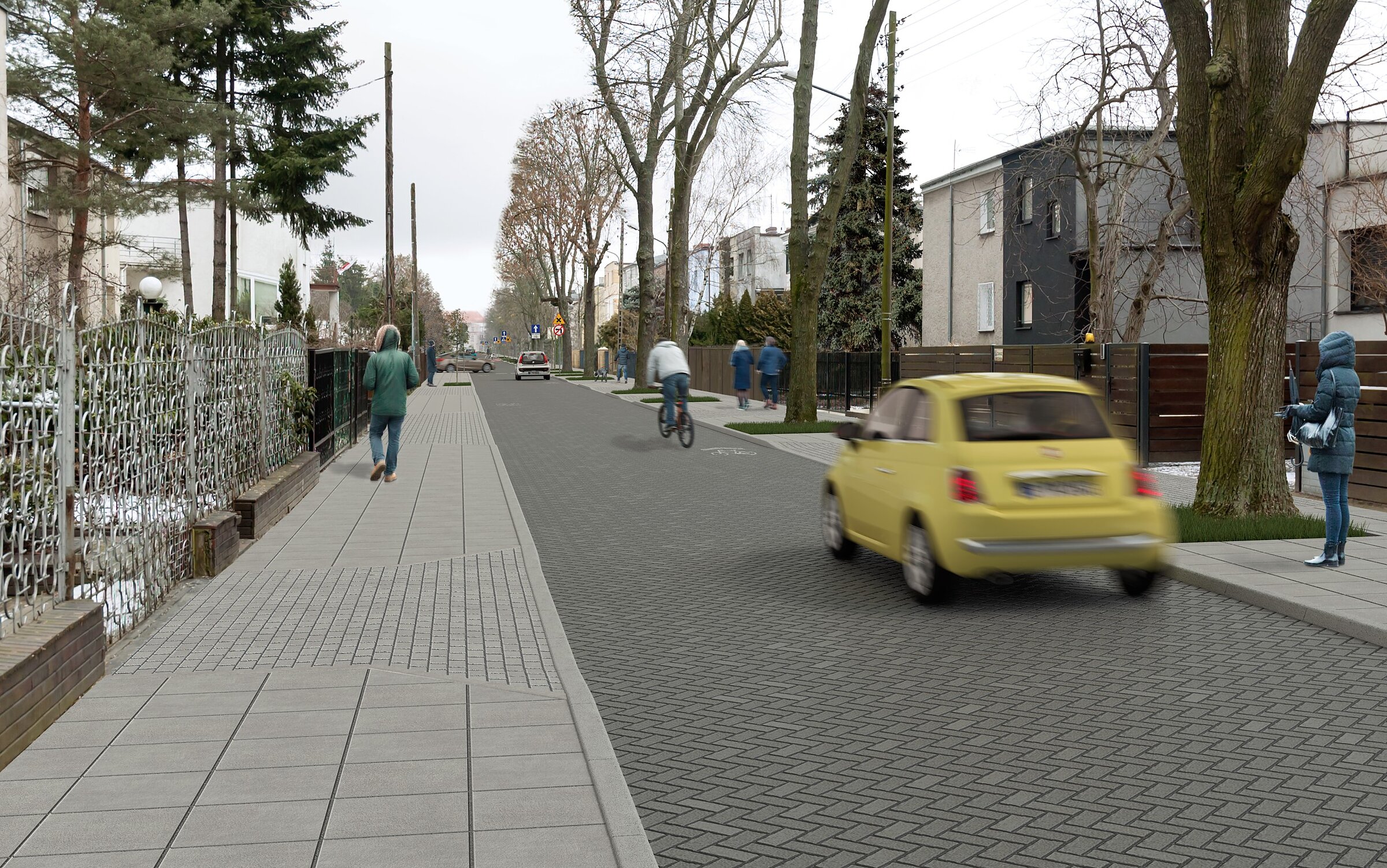 3D visualisation based on road project documentation depicting the modernisation of Kasztelańska Street with new road surface and pavements