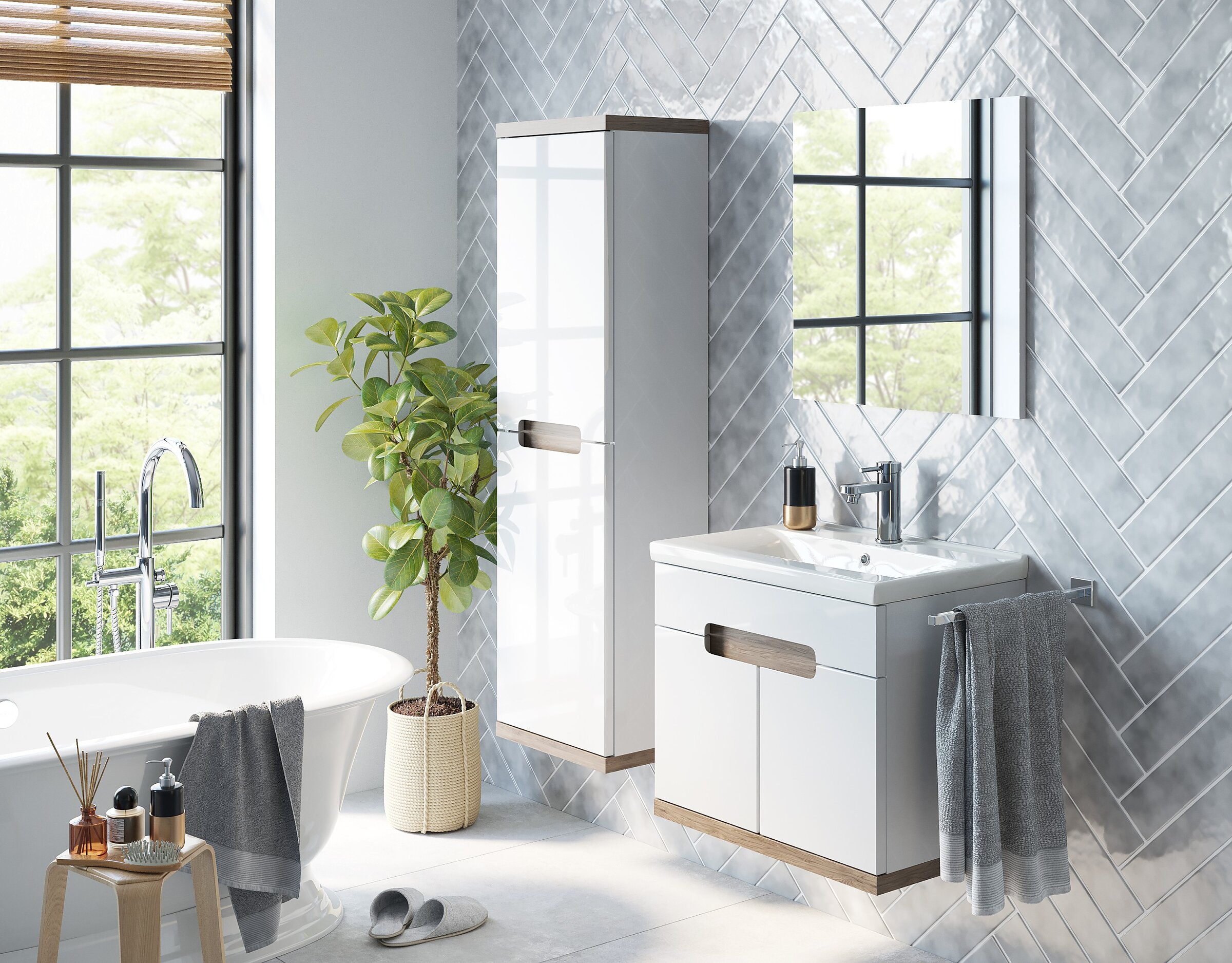 Render of a modern bathroom with glossy white furniture featuring wood accents, a freestanding bathtub, and grey herringbone tiles