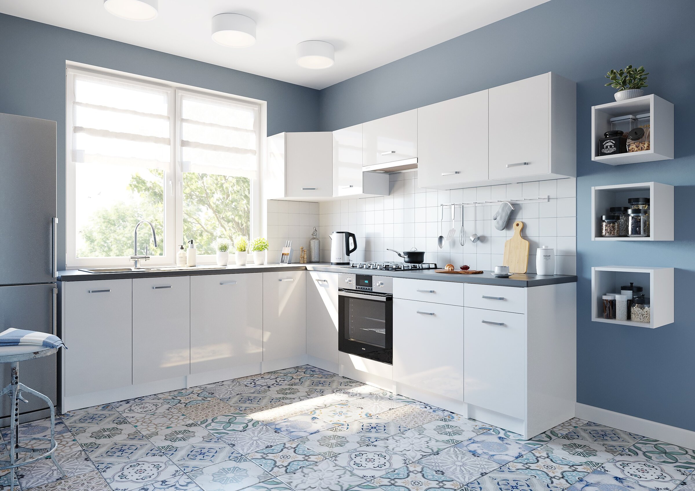 Modern corner kitchen with glossy white cabinets, dark worktop, and patterned flooring