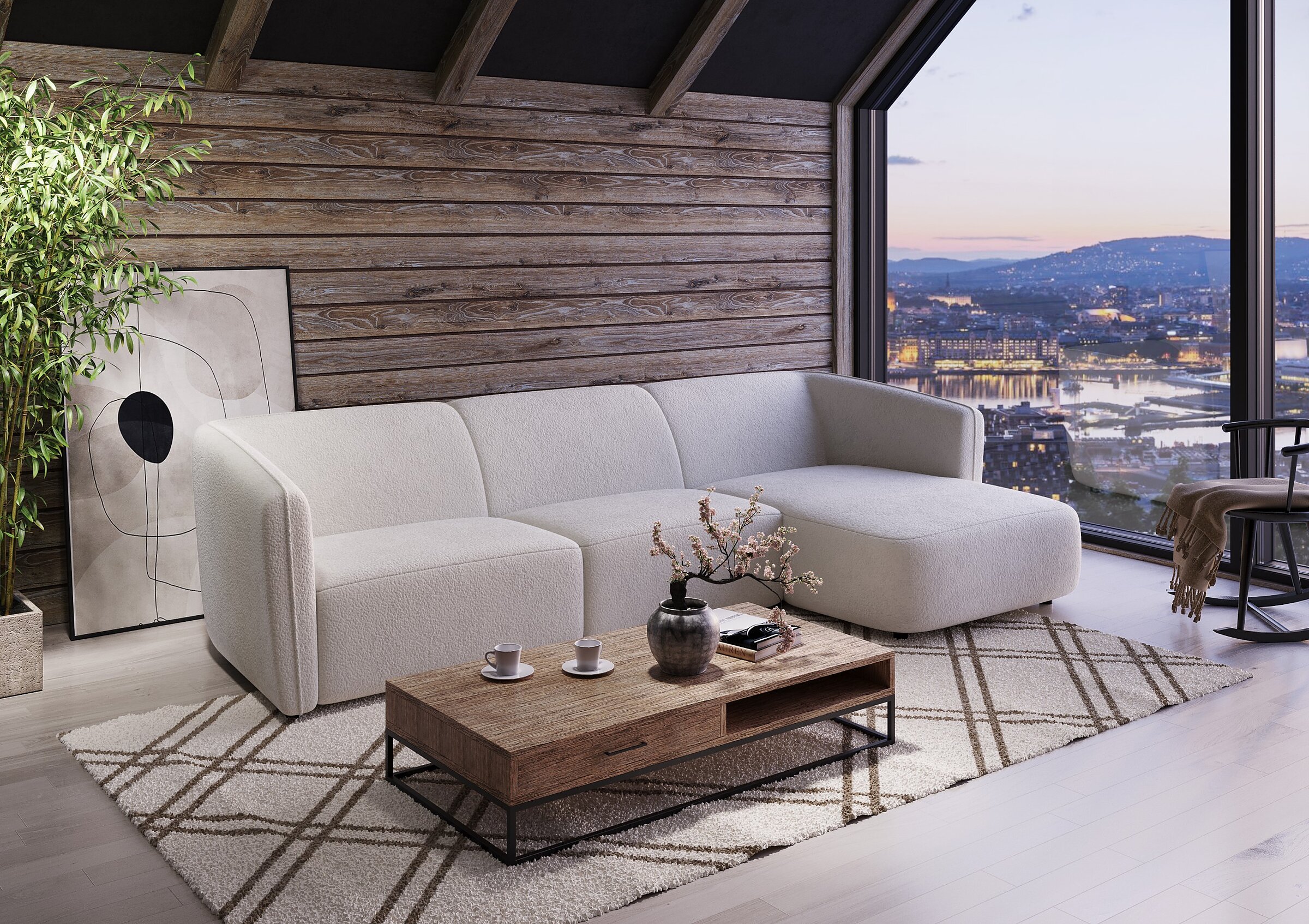 Product visualisation of the cream Bornholm corner sofa in a modern Scandinavian-style living room with a wood panelled wall and an evening city view