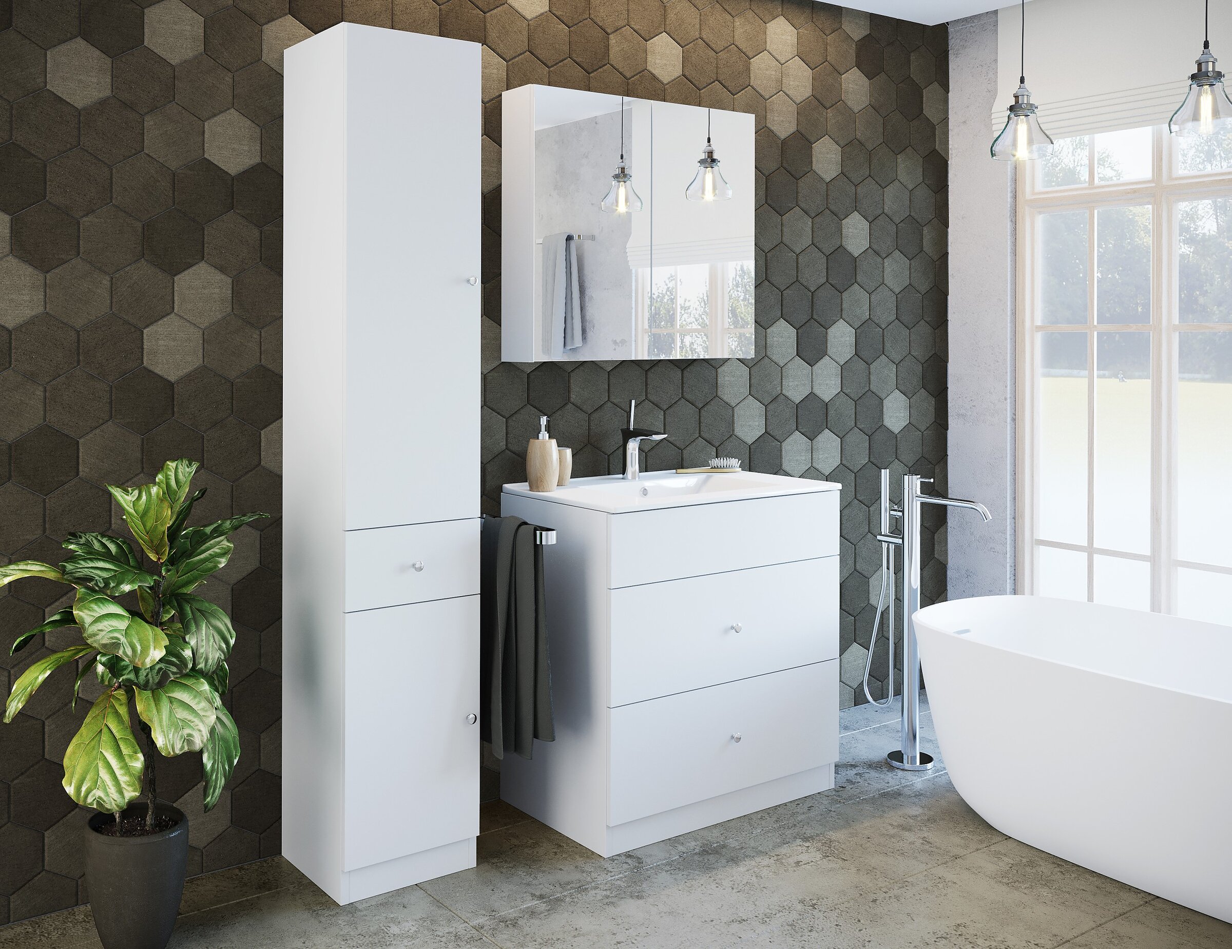 Render of a modern bathroom with white furniture, a freestanding bathtub, and a dark hexagonal tile wall