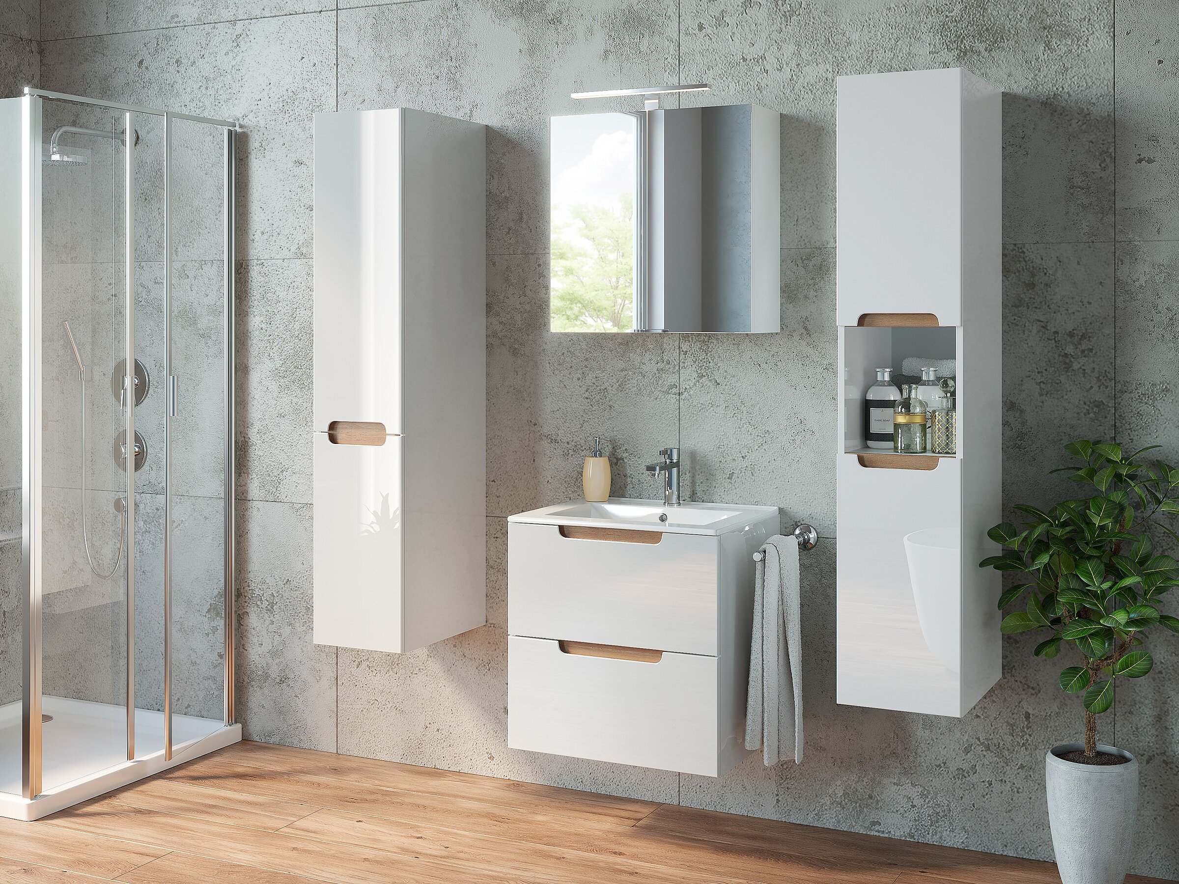 Render of a modern bathroom with glossy white furniture featuring wood inserts, a concrete wall, and a shower enclosure