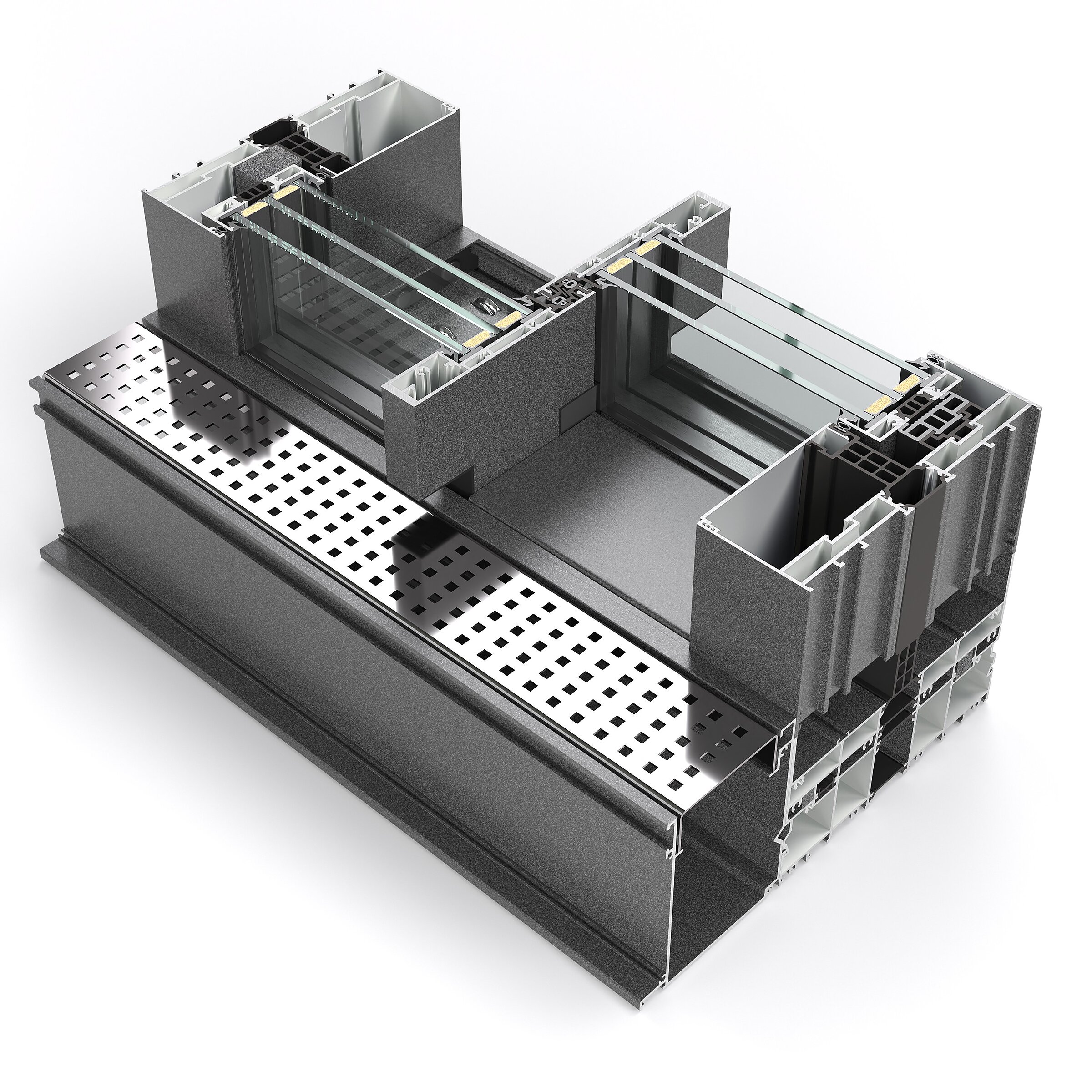 Product visualisation on a white background showing a technical cross-section of a sliding door system profile