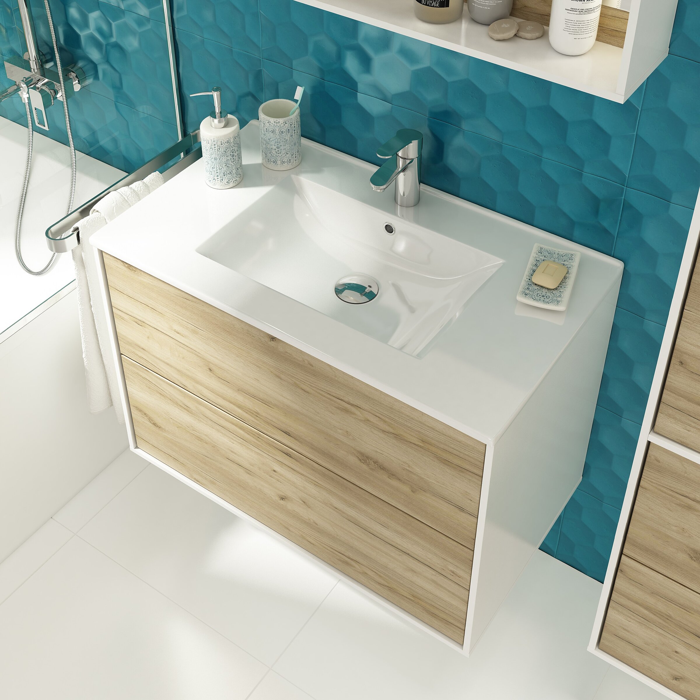 3D visualisation of a close-up of a bathroom vanity with wood-grain drawers and a white basin against dark emerald tiles