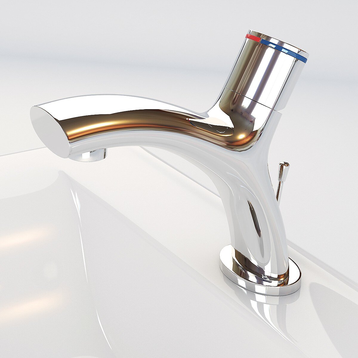 Product visualisation of a Deante Elipsa chrome washbasin tap with a streamlined design on white ceramics
