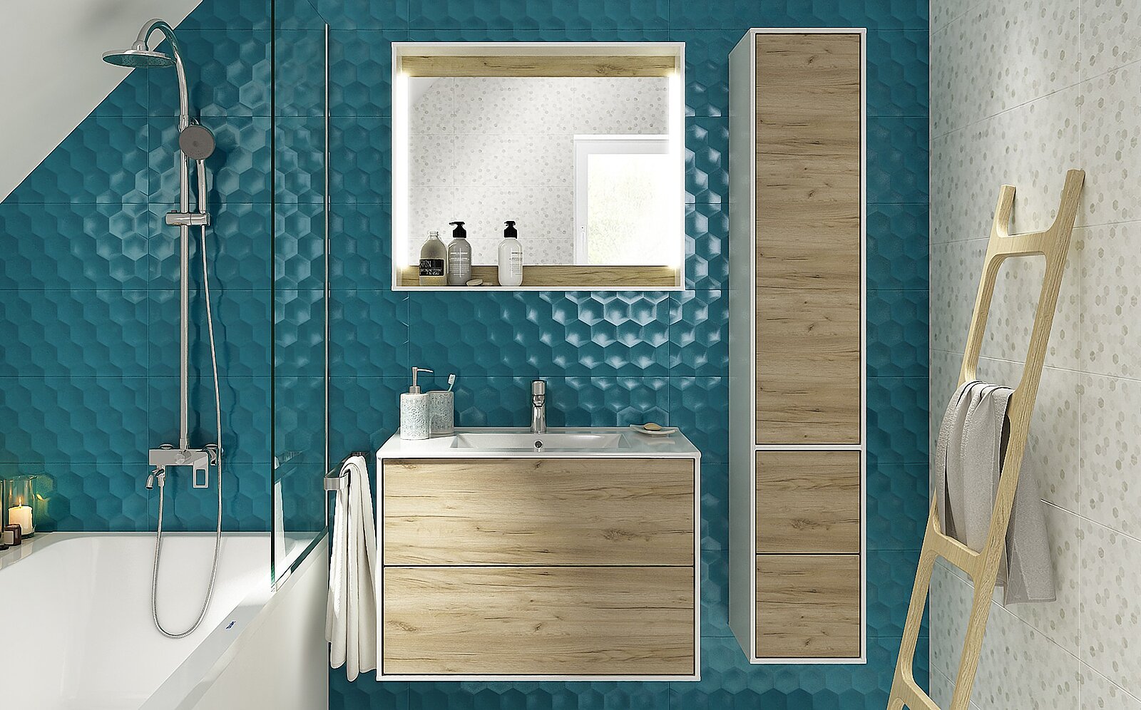 Visualisation of a modern bathroom with wood-finish furniture, dark emerald hexagonal tiles, and a bathtub