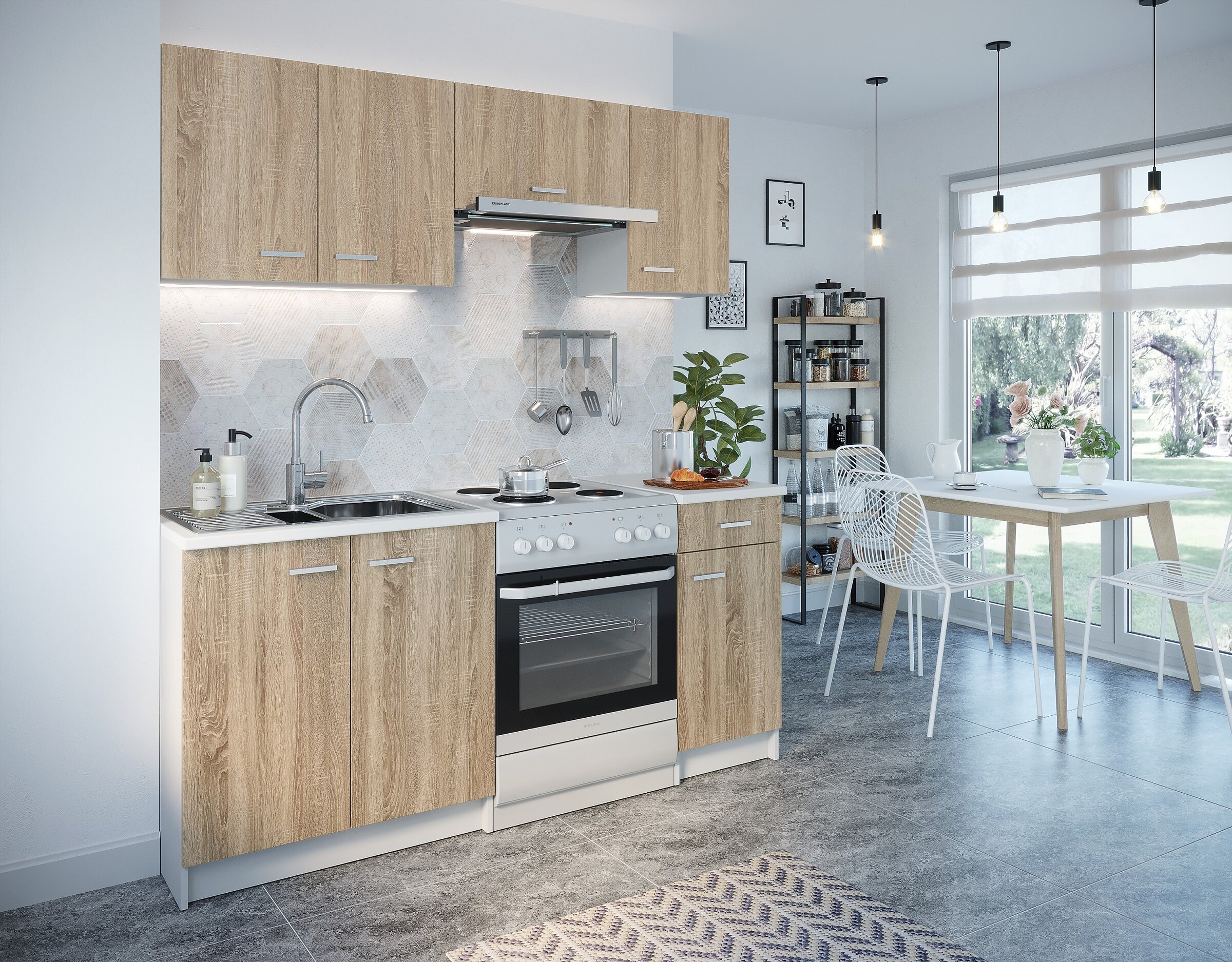 Visualisation of a kitchen with wood-finish cabinets and light hexagonal splashback tiles