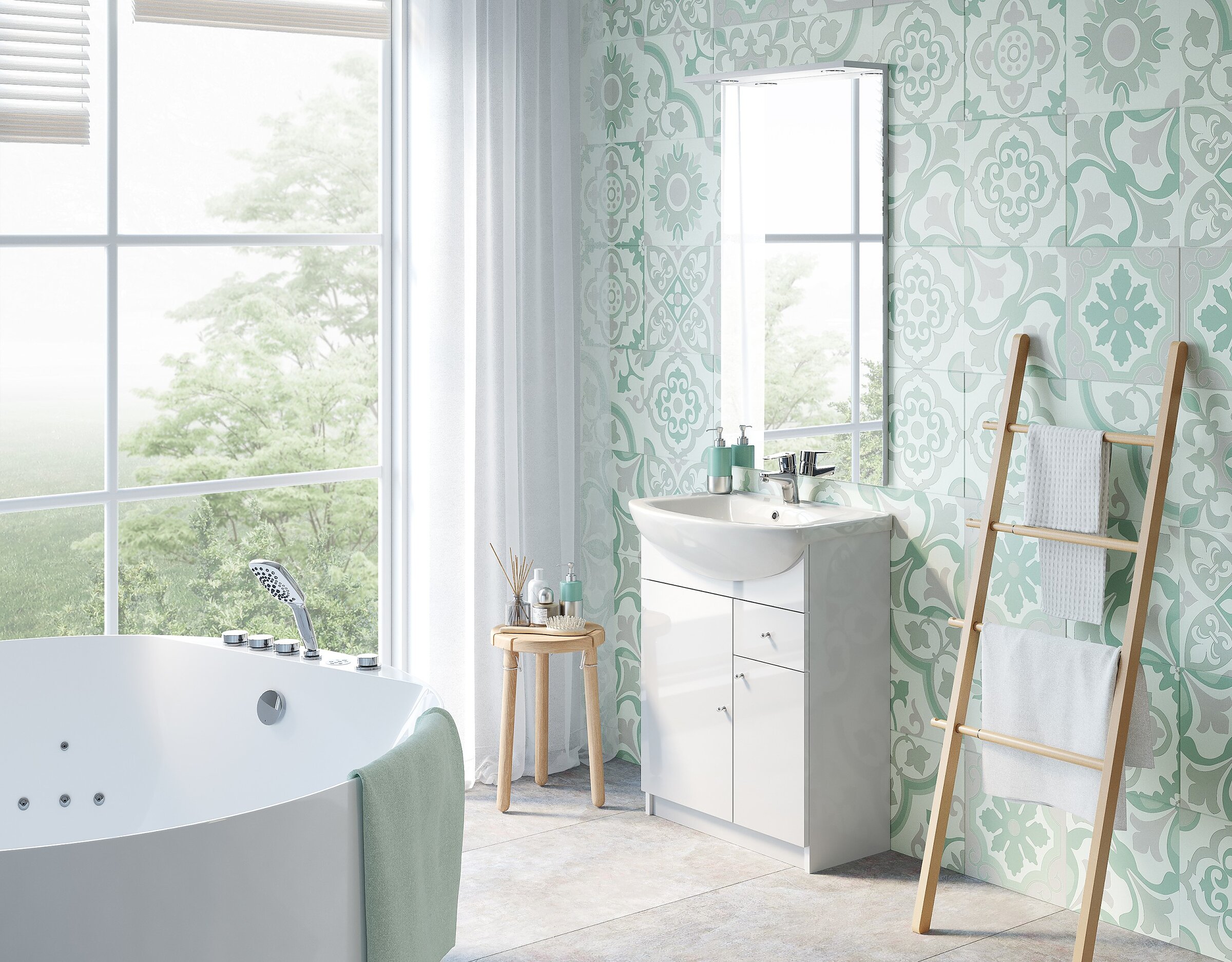 3D render of a modern bathroom with a corner bathtub, glossy white furniture, and green patterned tiles