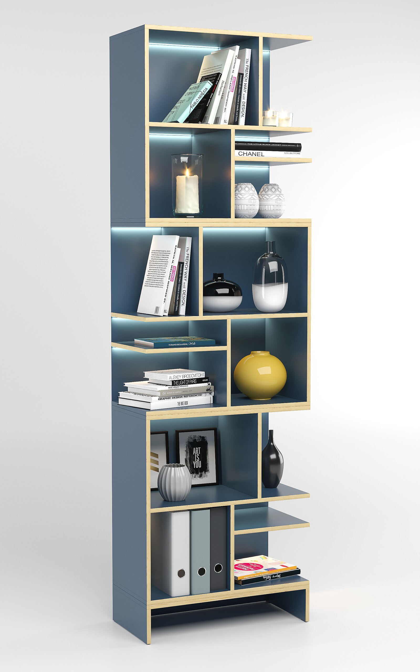 3D render of a narrow blue open bookcase column with wooden accents on a white background