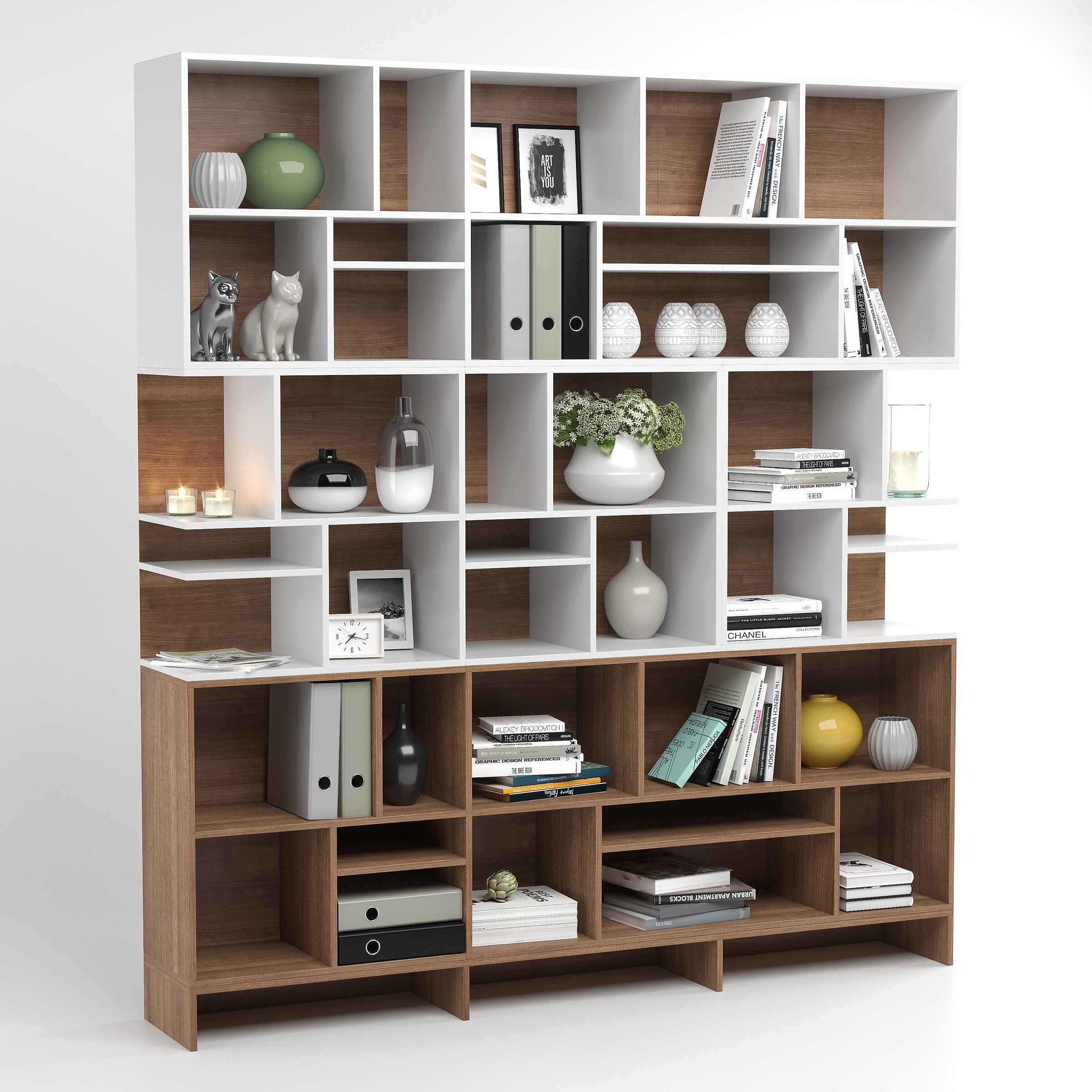 Digital product render of a large modern open bookcase in wood and white finish on a white background