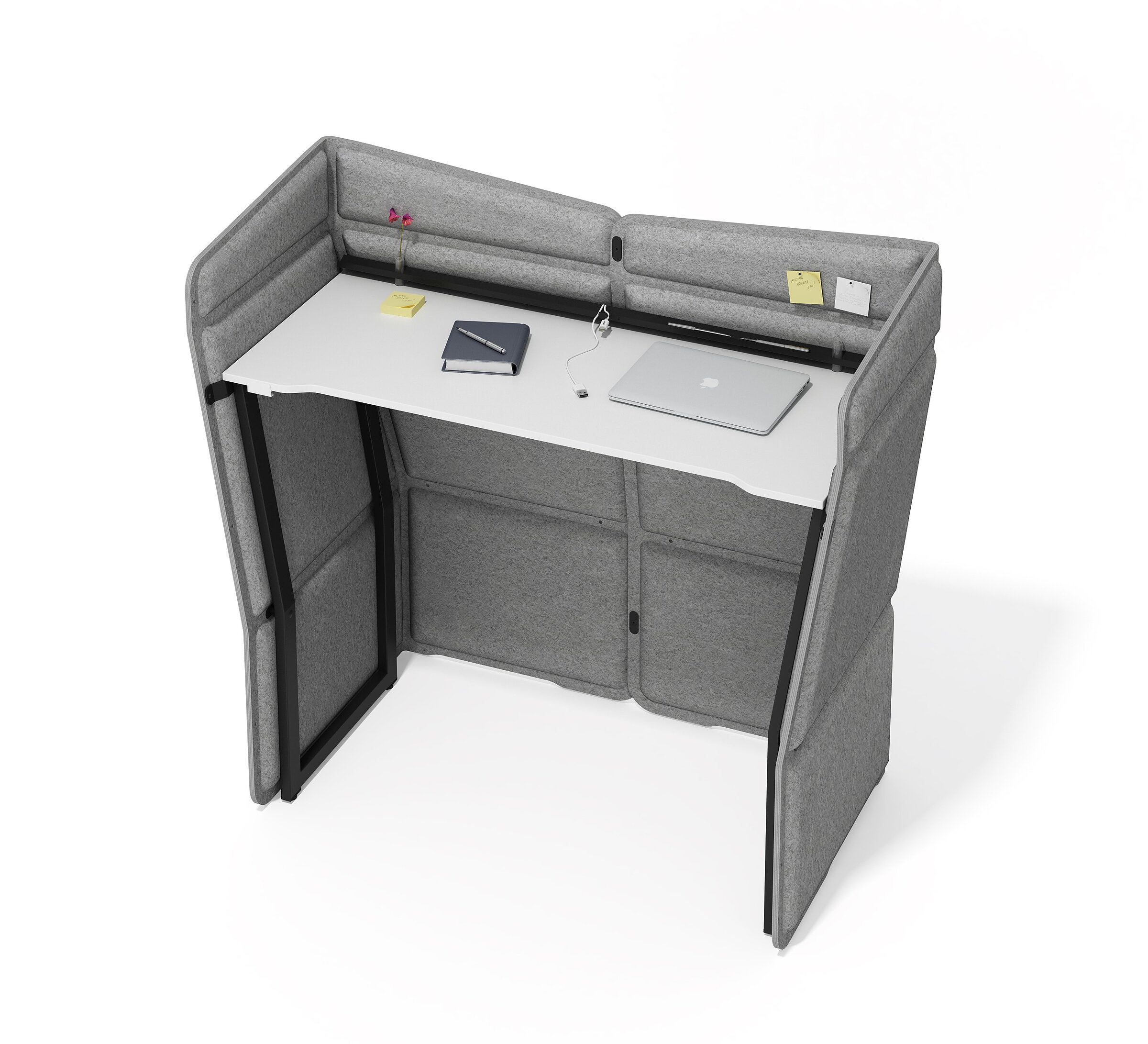 Visualisation of an acoustic desk with high grey felt panels, a white desktop, and a black frame