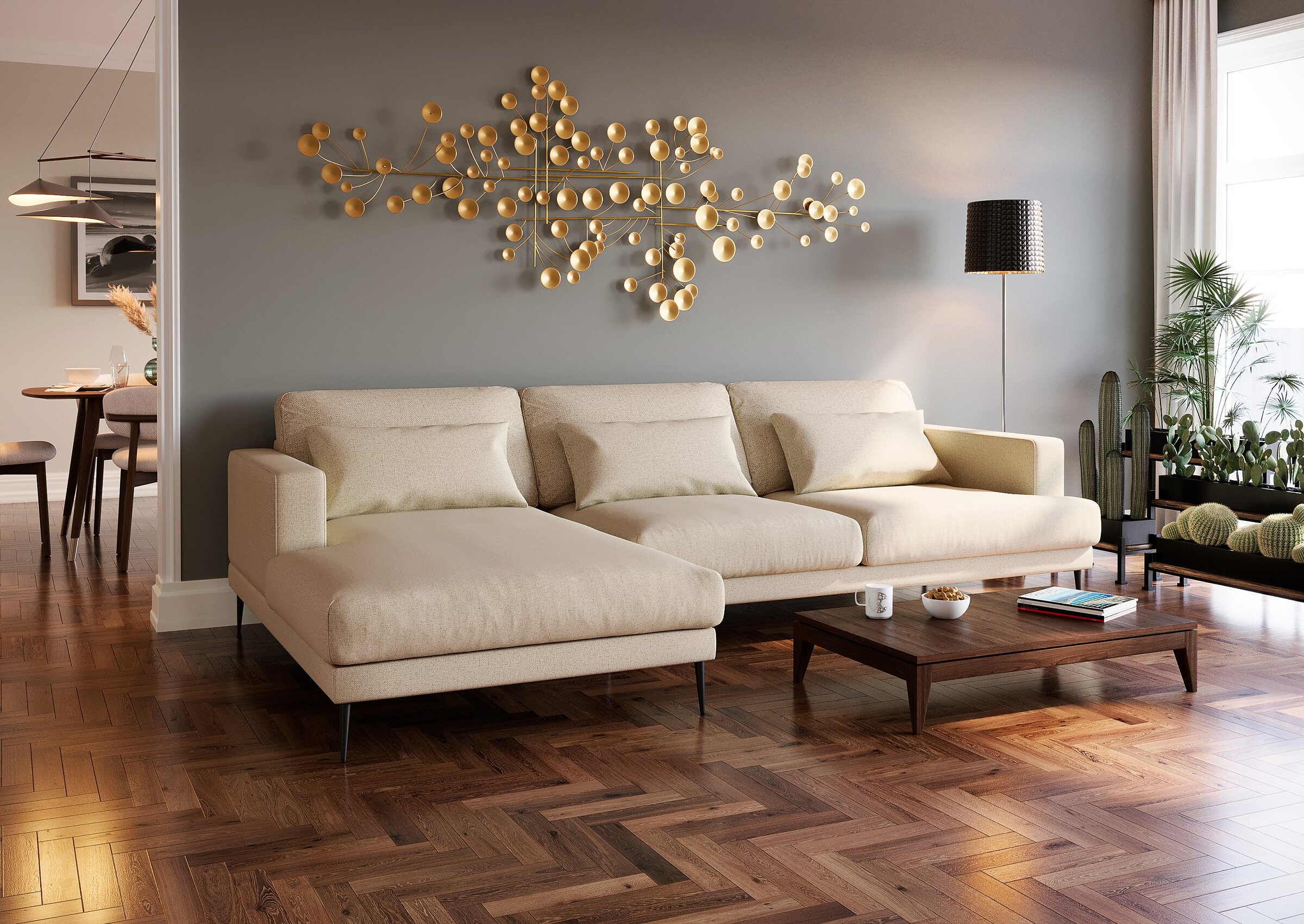 Product visualisation of the beige Sunday D3 corner sofa in a modern Scandinavian-style living room with herringbone wood flooring and a gold wall sculpture