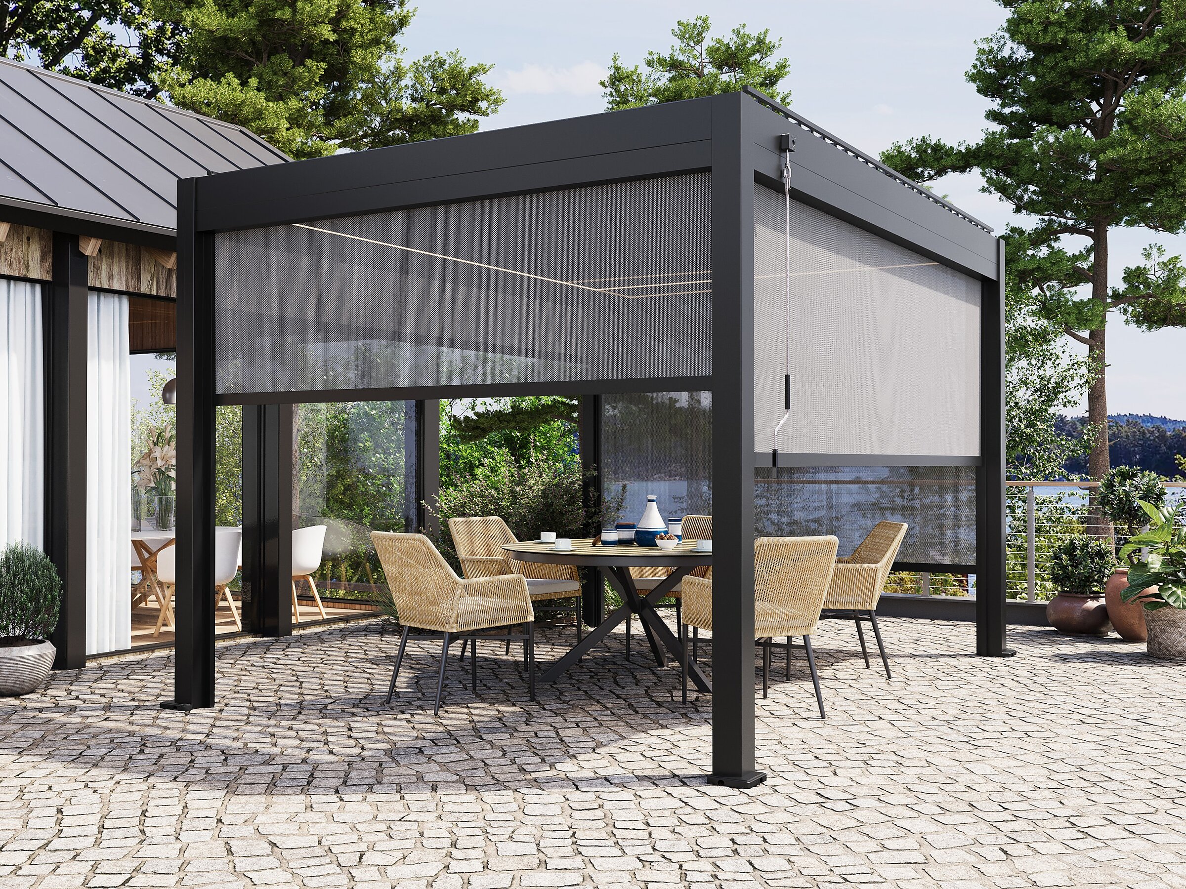 Product visualisation of an anthracite 3x4 pergola with zip screens on a terrace featuring an outdoor dining set