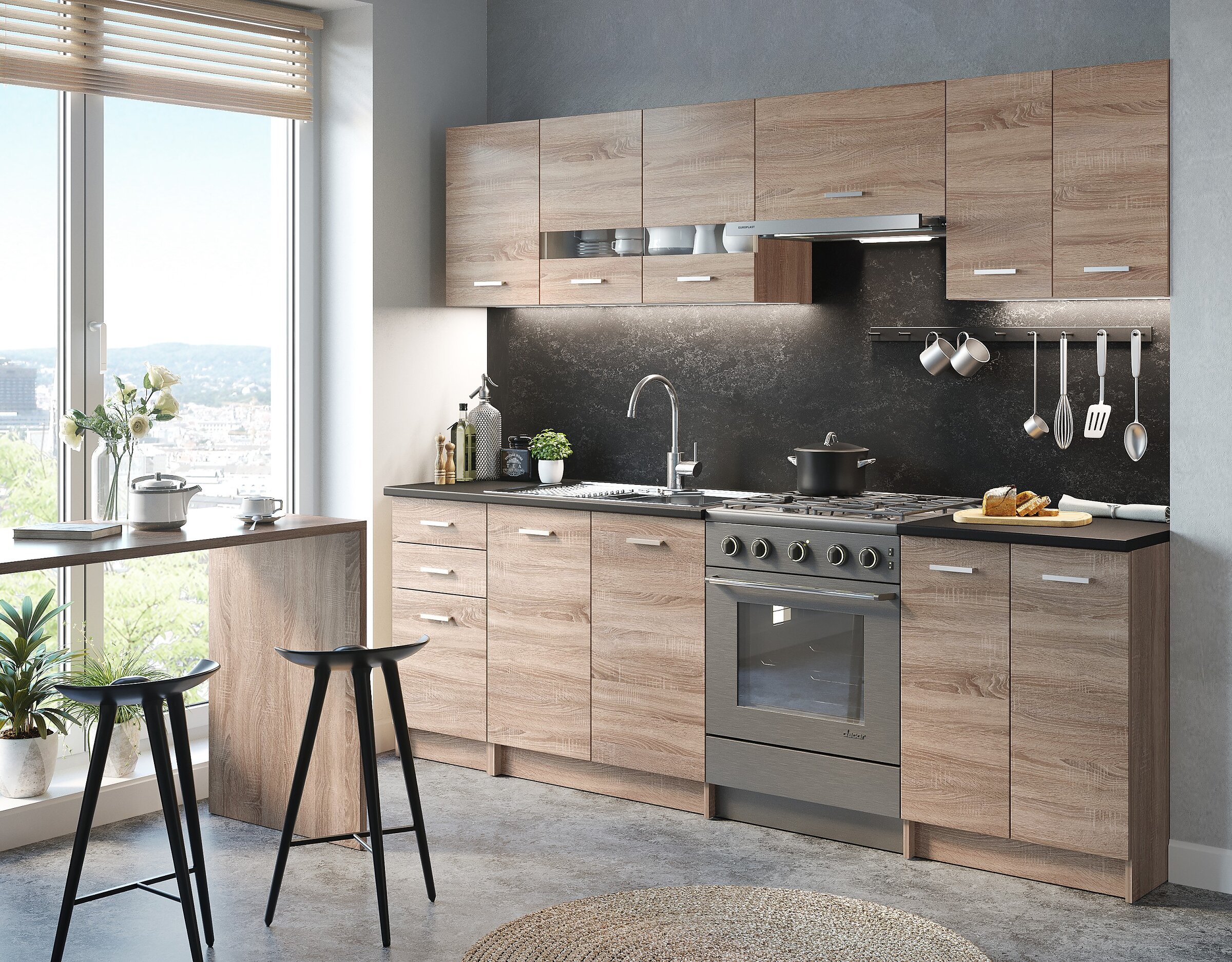 Visualisation of a kitchen with wood-finish cabinets, a dark splashback, and a breakfast bar with bar stools