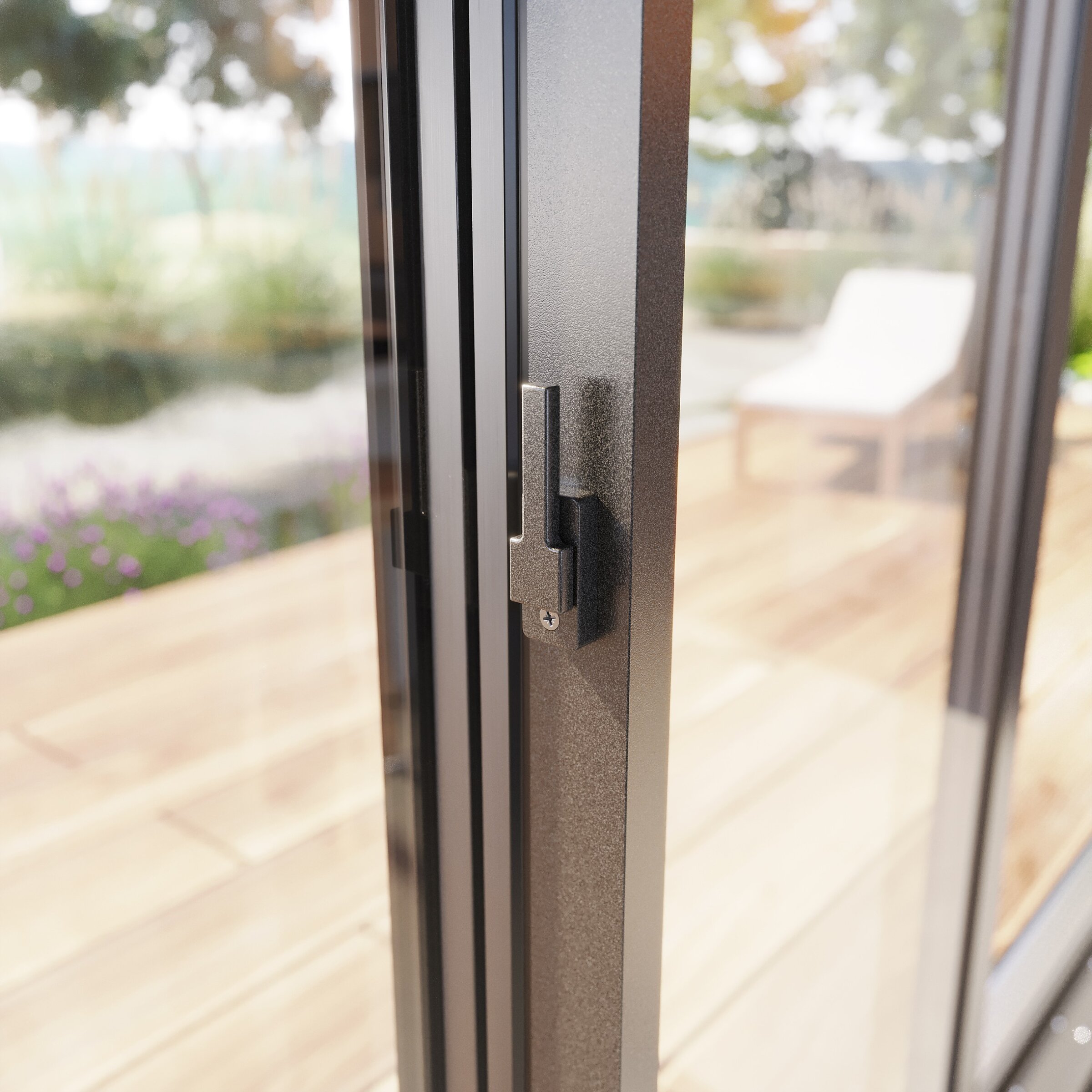 Render of a close-up of a minimalist handle on a sliding door profile against a terrace background