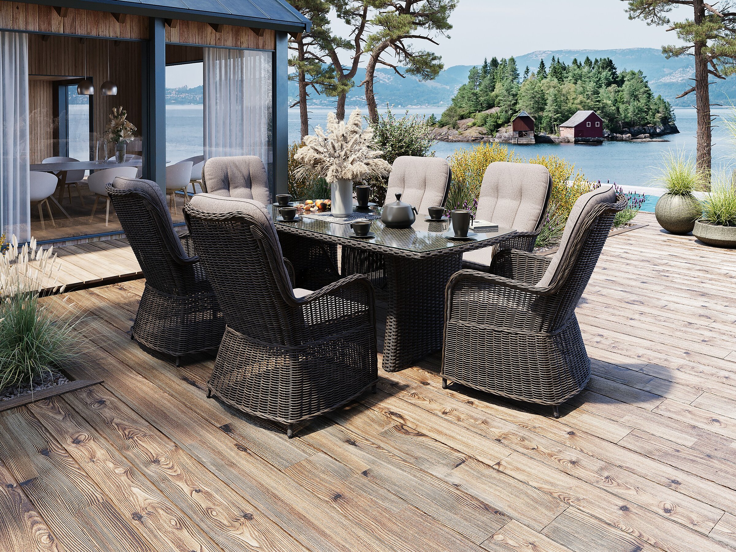 Product visualisation of the Holiday outdoor dining set featuring chocolate wicker armchairs and a table on a wooden terrace with a waterfront view