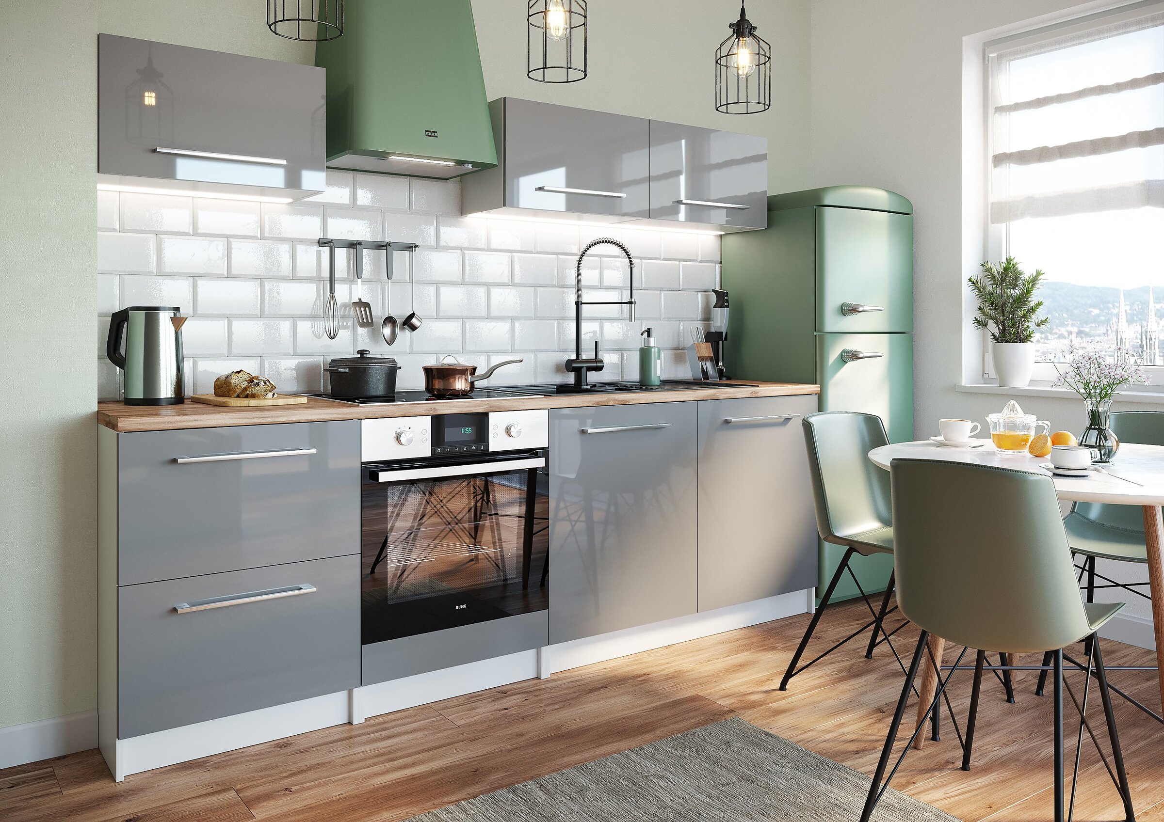 Visualisation of a kitchen with glossy grey cabinets, green accents, a wooden worktop, and white tiles