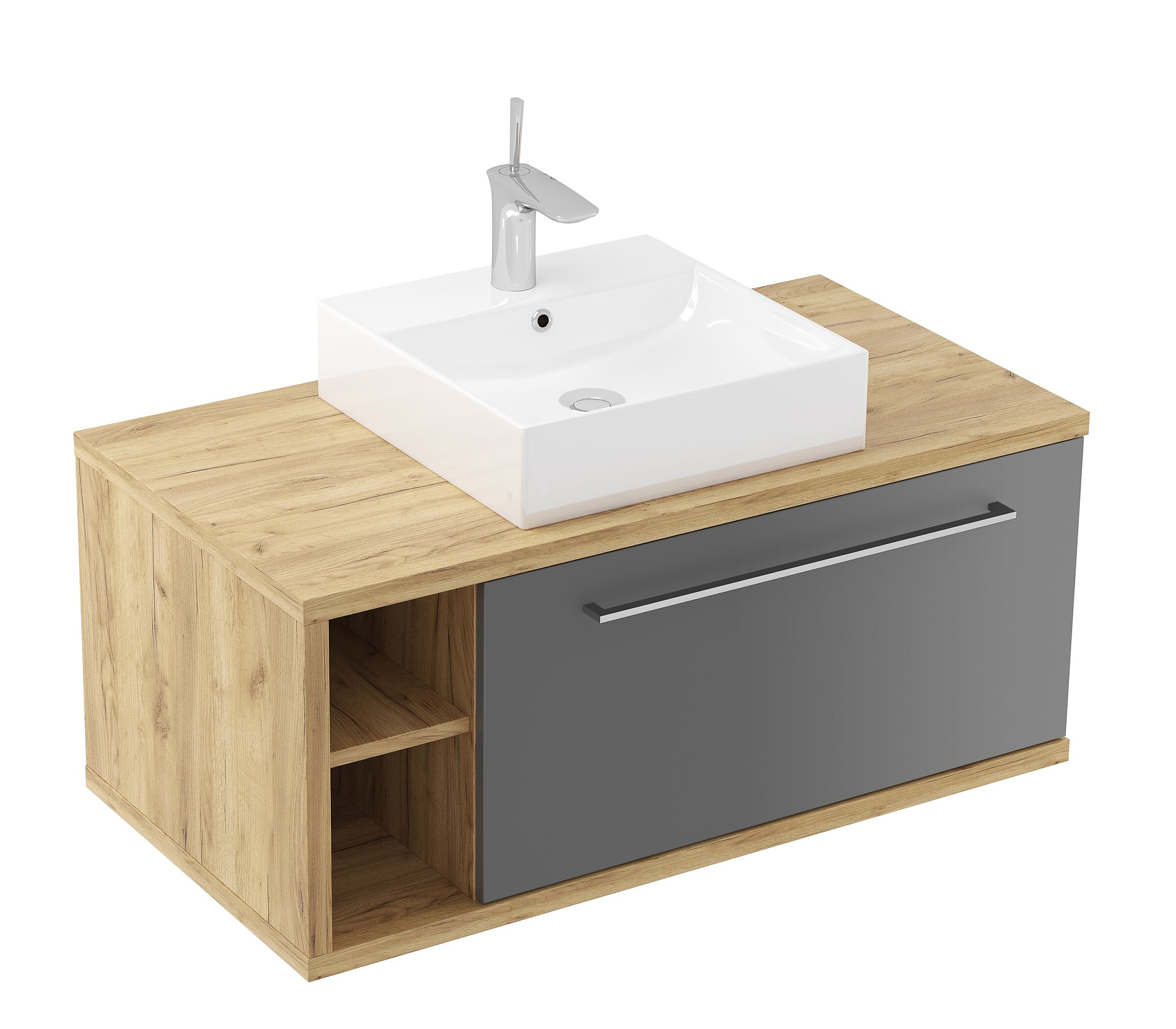 Product visualisation of a bathroom vanity cabinet with a countertop basin on a white background