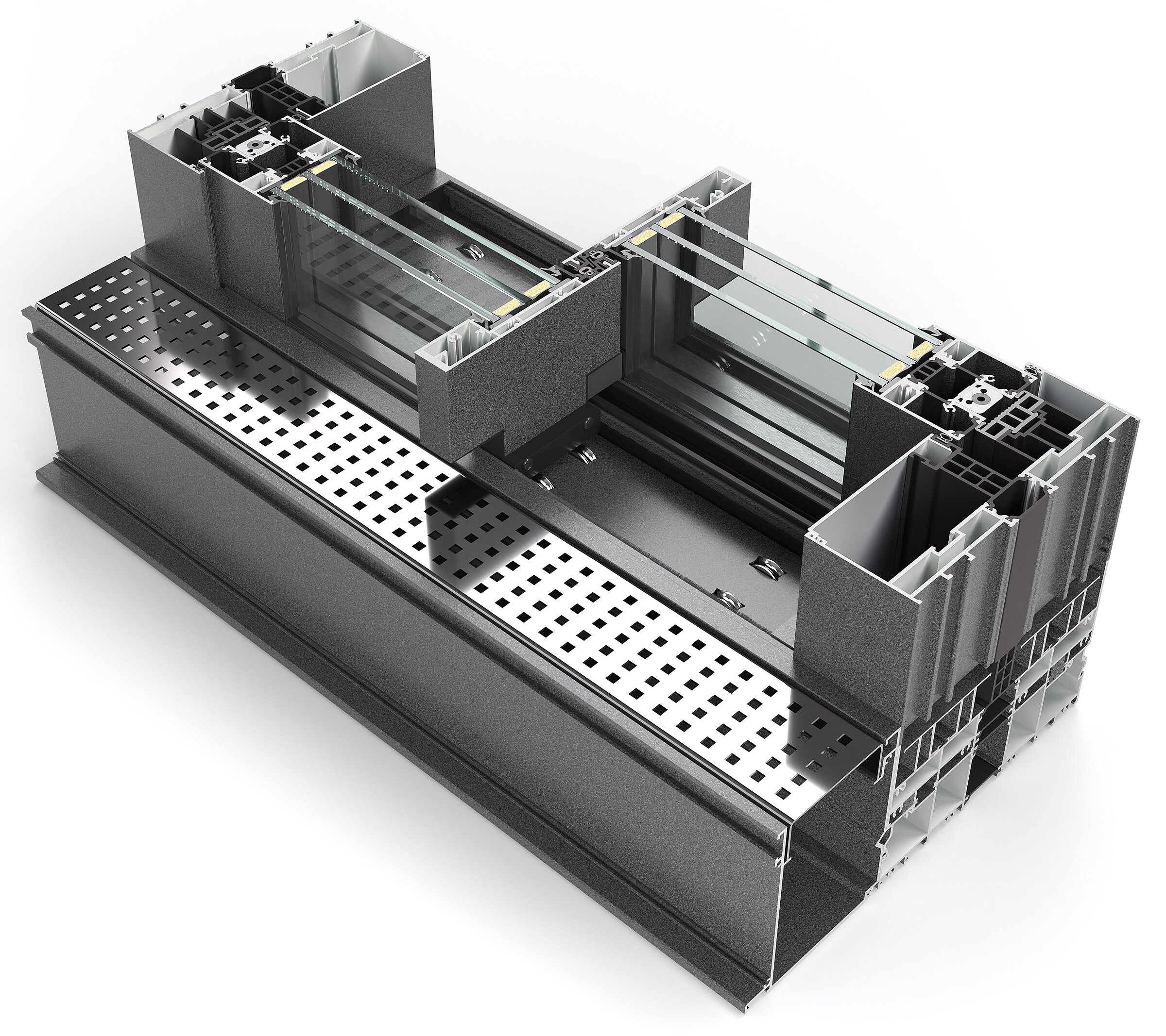 Product visualisation on a white background showing a variant of a technical cross-section of a sliding door system profile