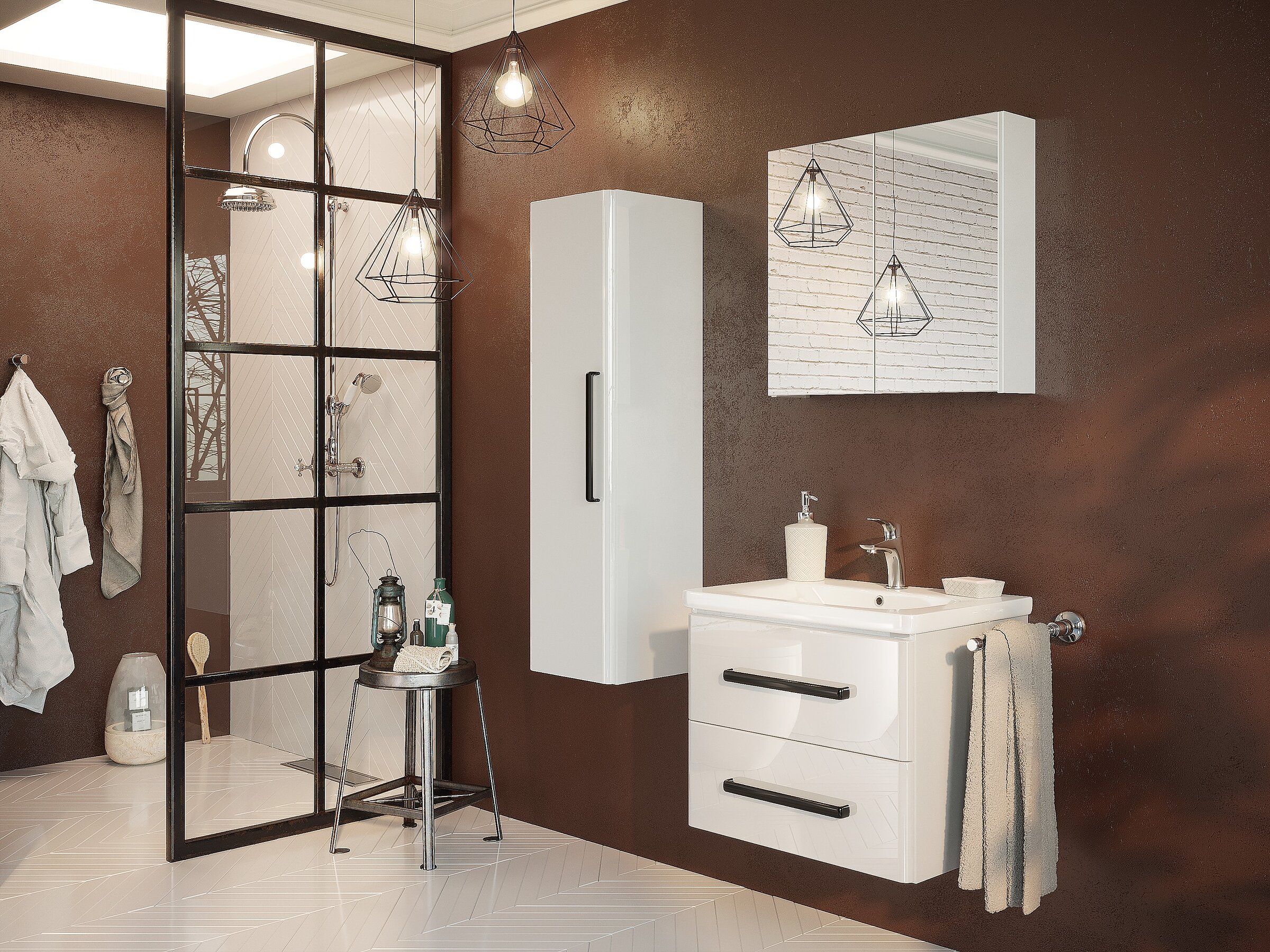 Modern bathroom with white gloss furniture, black handles, and brown walls