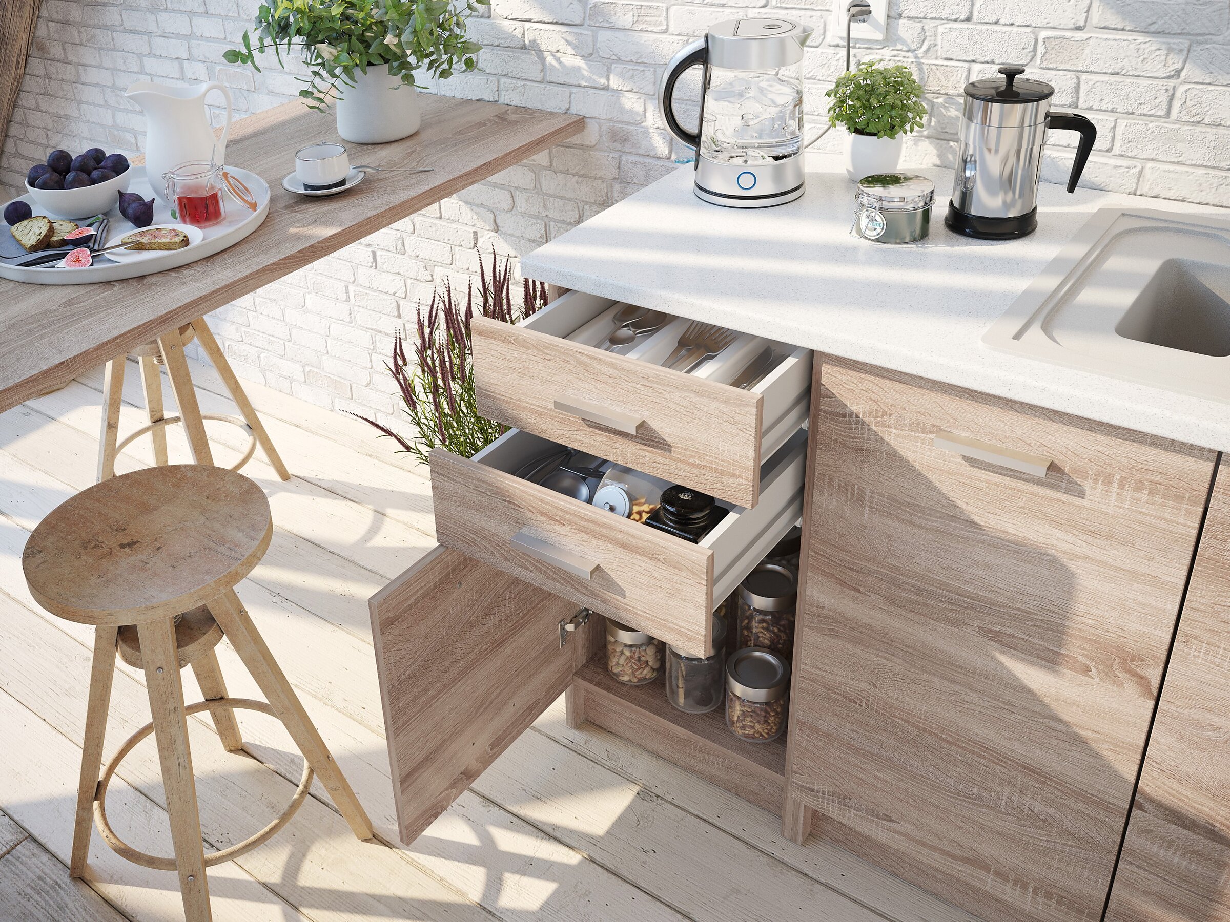 Close-up of a wood-grain kitchen cabinet with open drawers and organisers