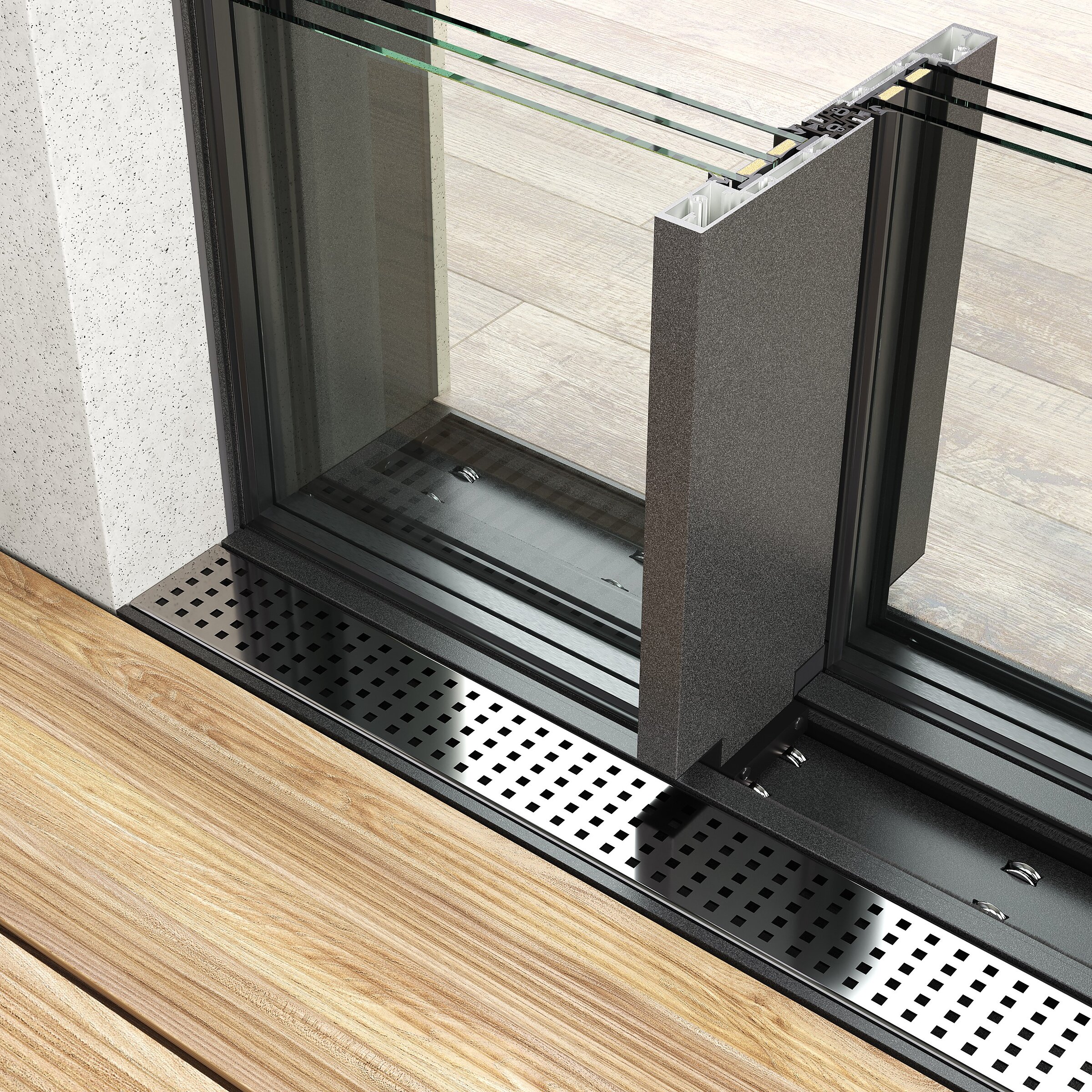 Techniczny przekrój 3D systemu przesuwnych drzwi tarasowych z profili aluminiowych
