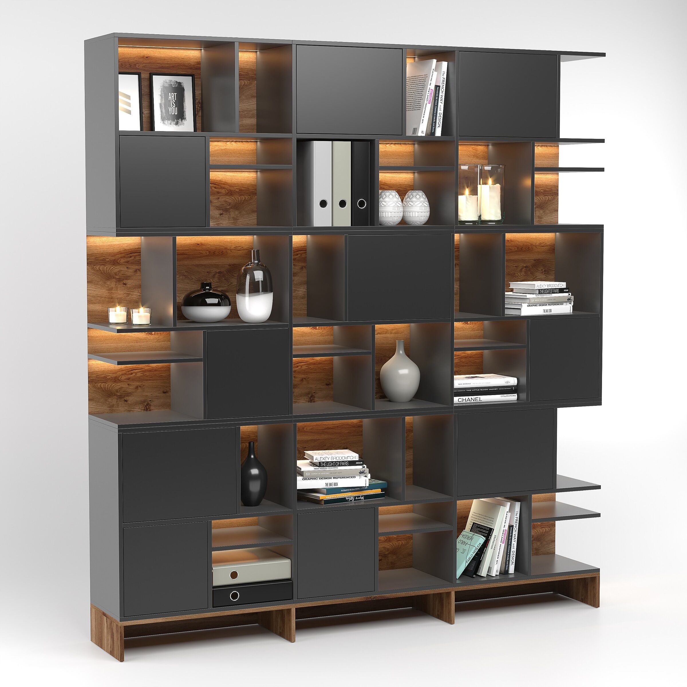 3D visualisation of a modern closed bookcase with wood accents on a white background