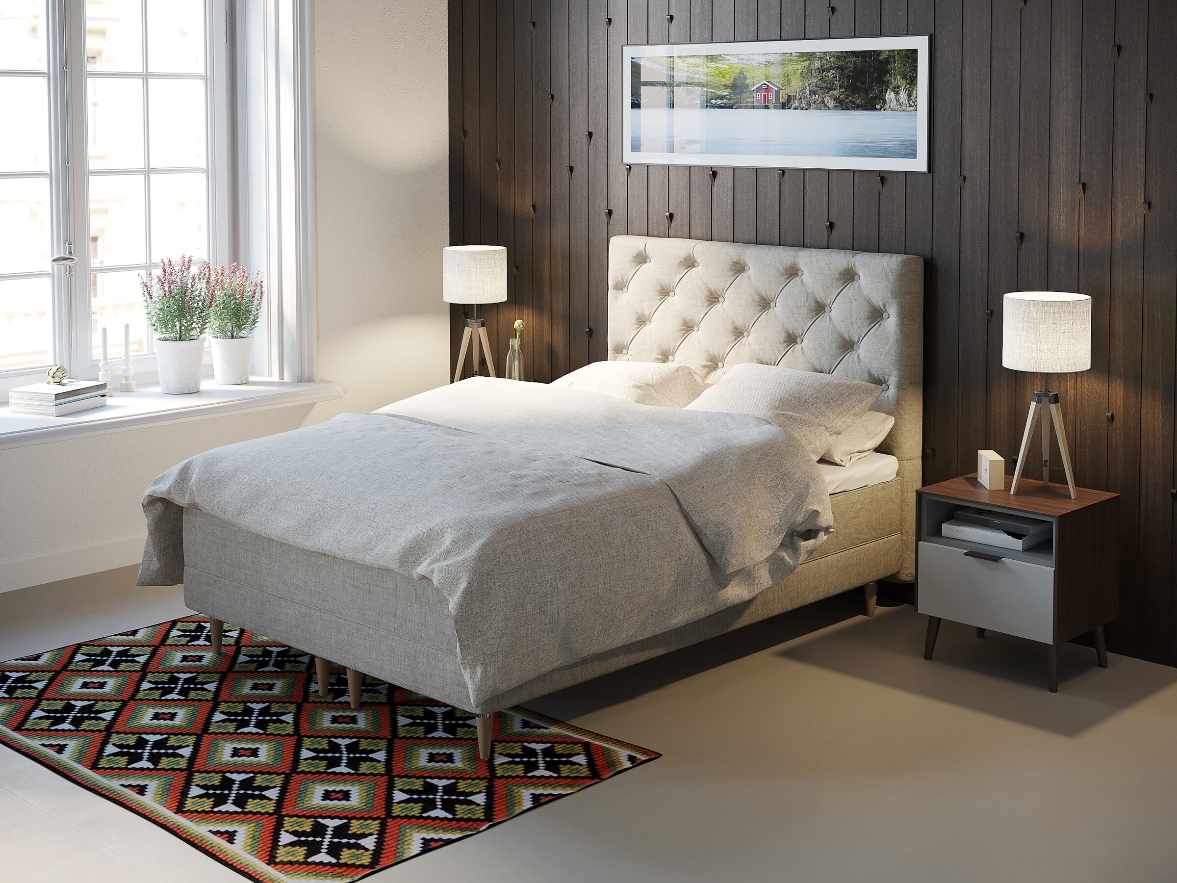 Product visualisation of the sand Basic 150 continental bed in a Scandinavian-style bedroom with a dark wood panel wall and a colourful patterned rug
