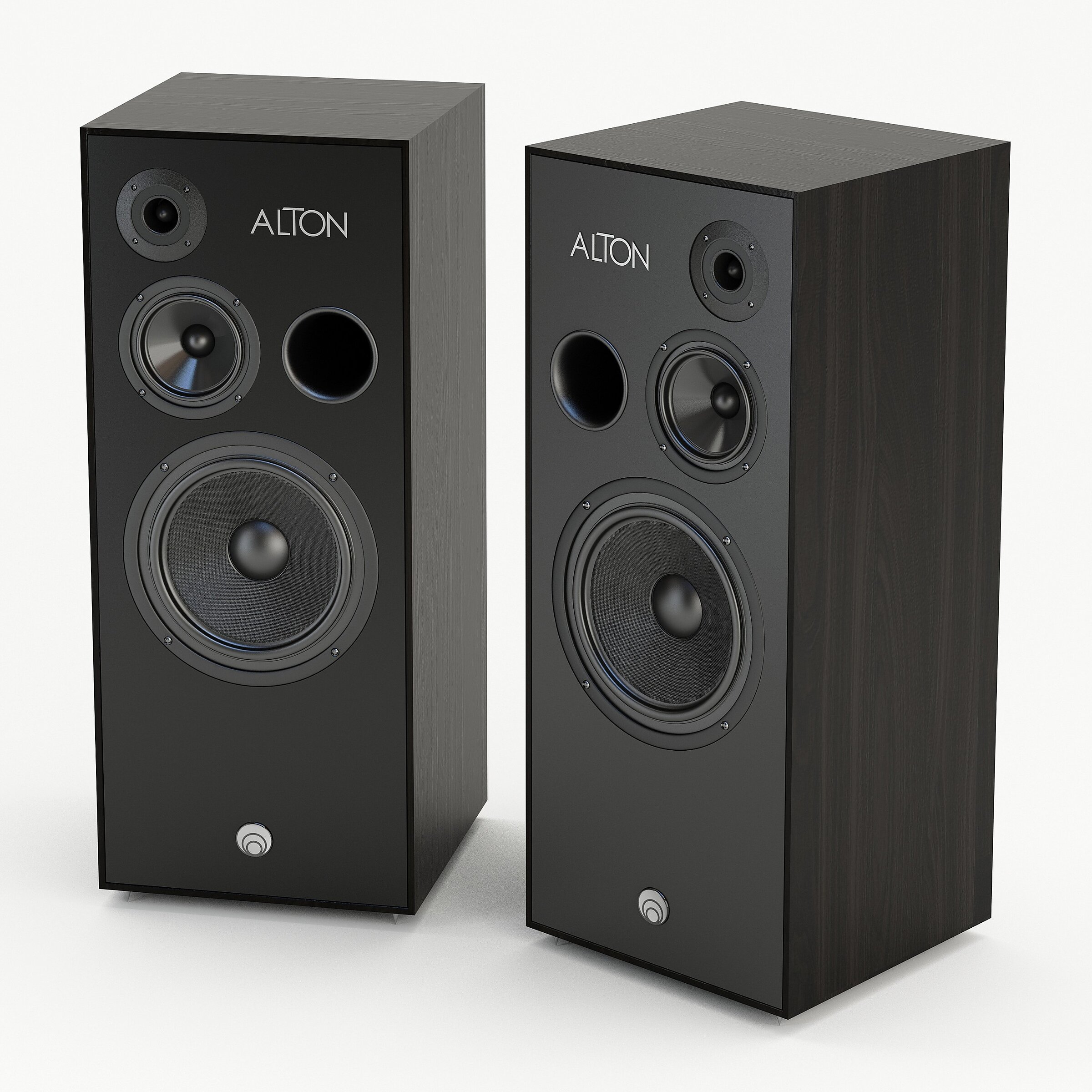 Computer visualisation of black ALTON audio tower speakers on a white background