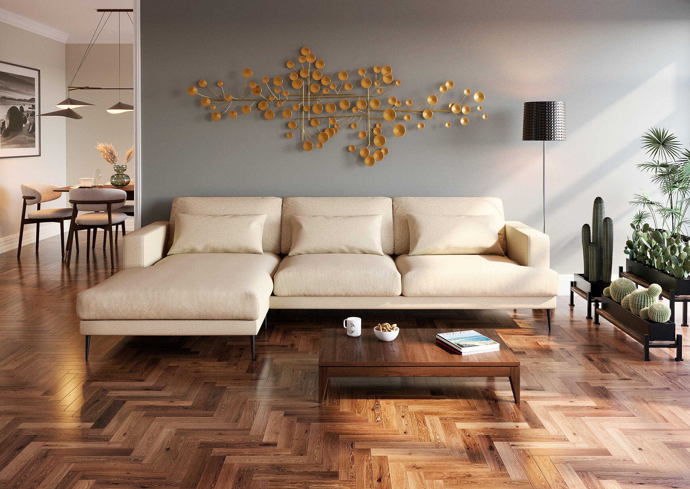 Product visualisation of the beige Sunday D3 corner sofa in a modern Scandinavian-style living room with herringbone wood flooring and a gold wall sculpture
