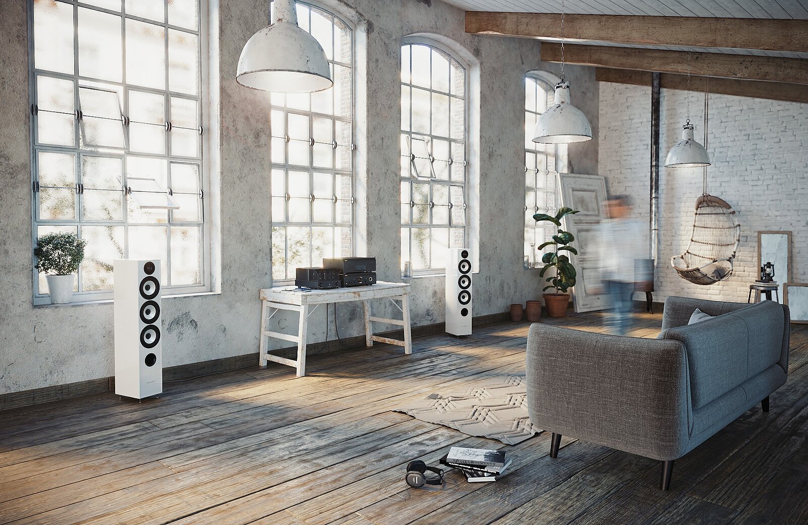 Render of Pylon Audio Pearl 27 floorstanding speakers in a loft-style living room